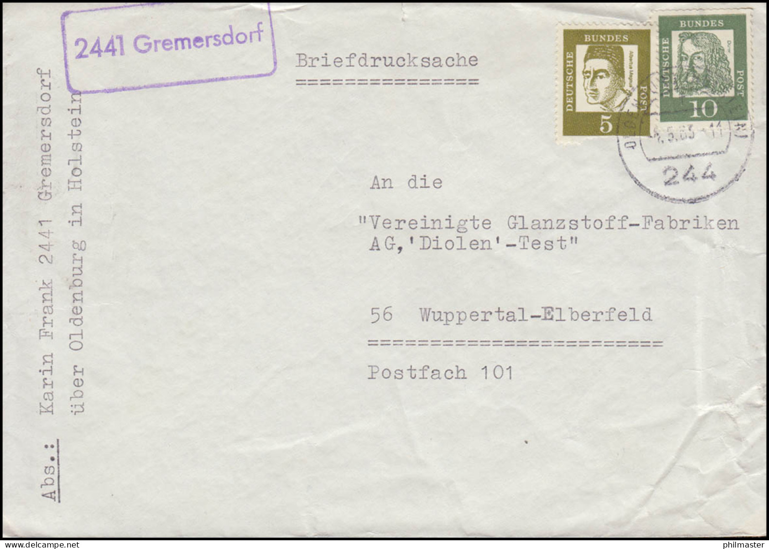 Landpost-Stempel 2441 Gremersdorf Briefdrucksache OLDENBRUG IN HOLSTEIN 2.5.1963 - Otros & Sin Clasificación