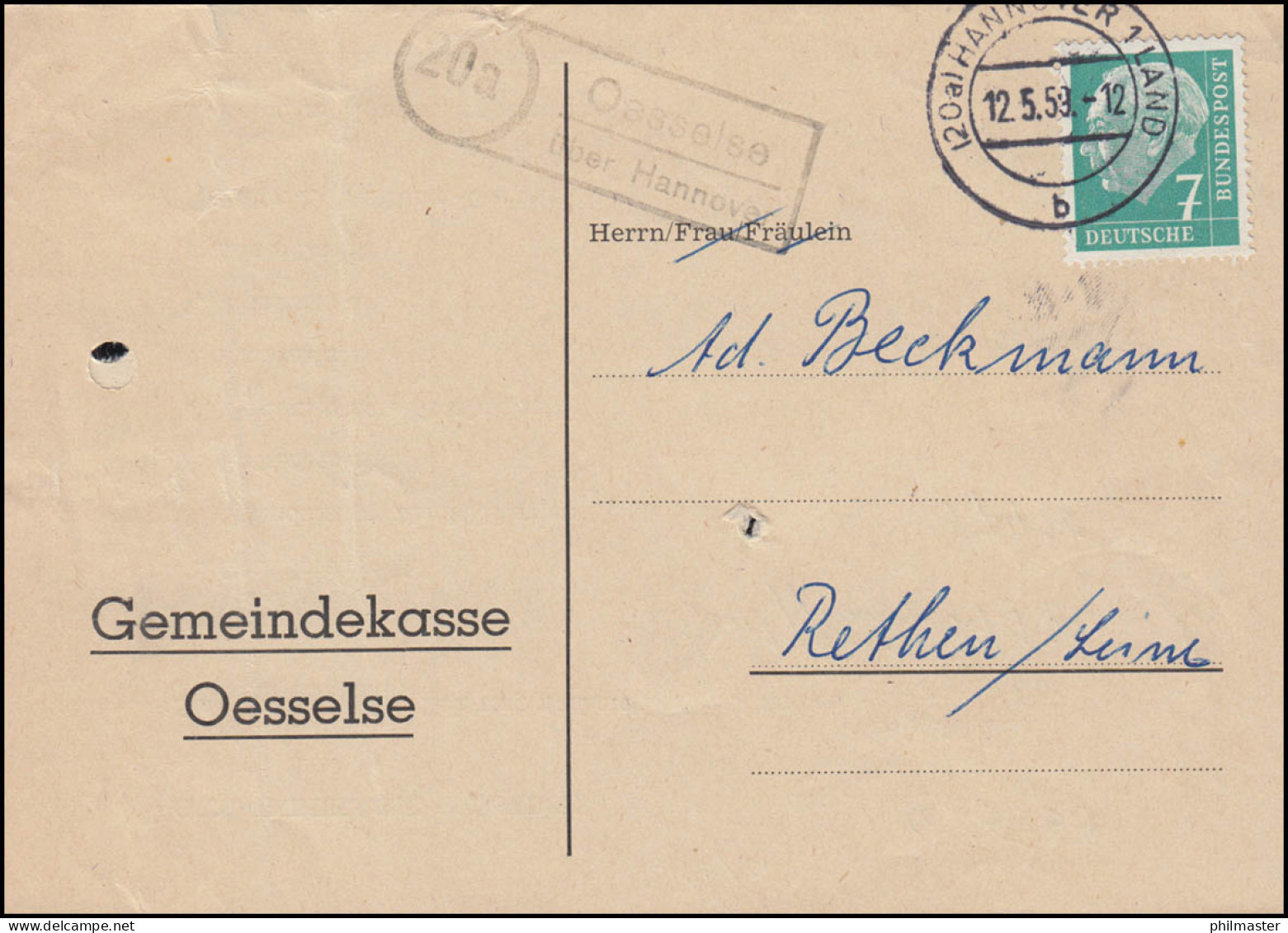 Landpost-Stempel Oesselse über HANNOVER 12.5.1959 Auf Drucksache Nach Rethen - Sonstige & Ohne Zuordnung