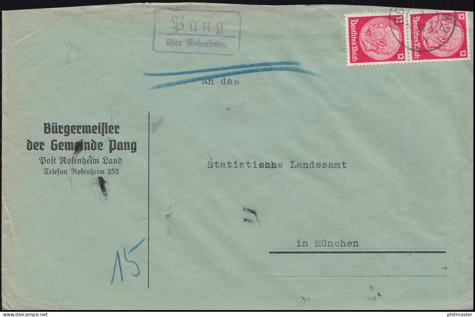 Landpost-Stempel Pang über ROSENHEIM 3.8.1937 Auf Brief Nach München - Briefe U. Dokumente