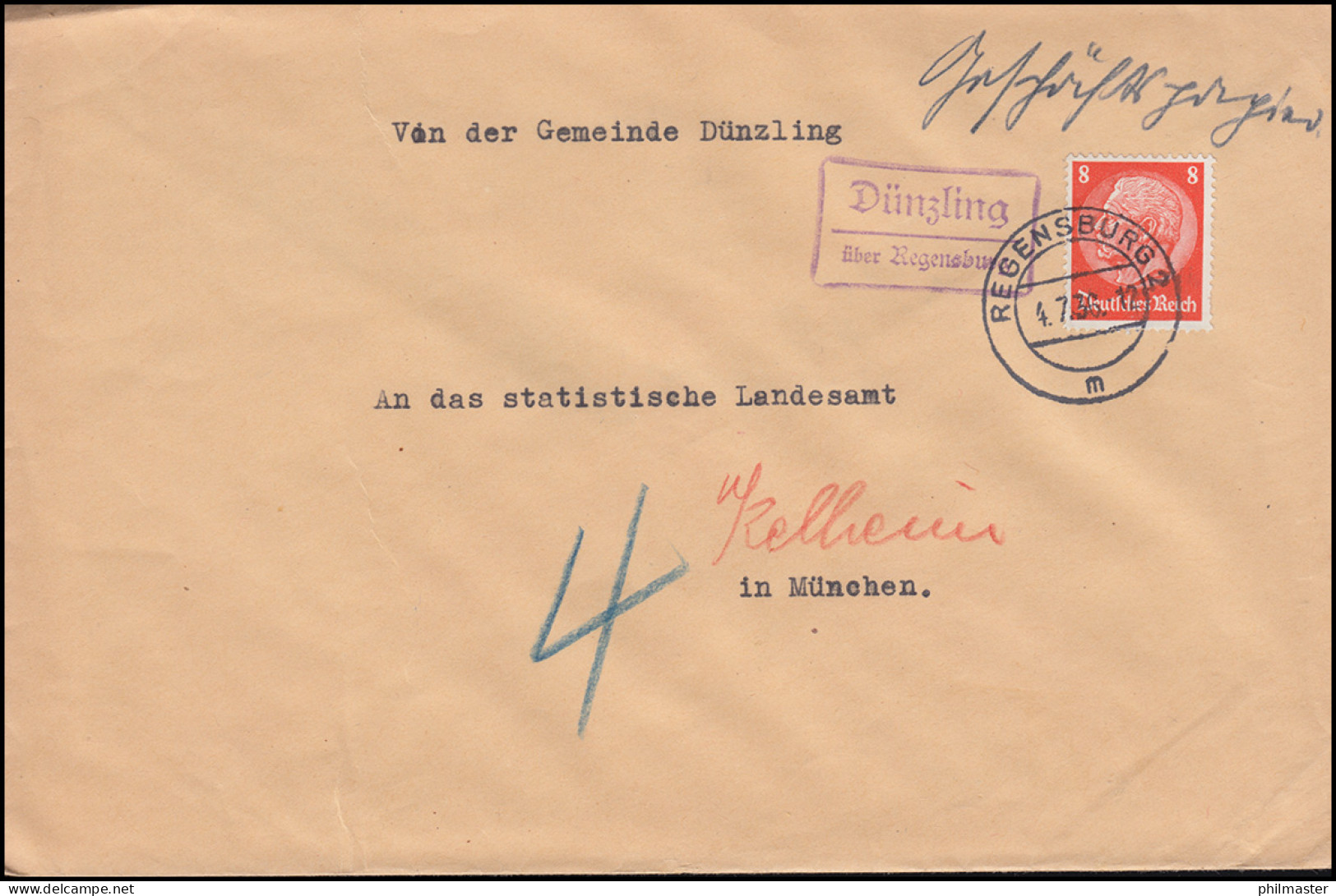 Landpost-Stempel Dünzling über REGENSBURG 2 - 4.7.1936 Auf Brief Nach München - Covers & Documents