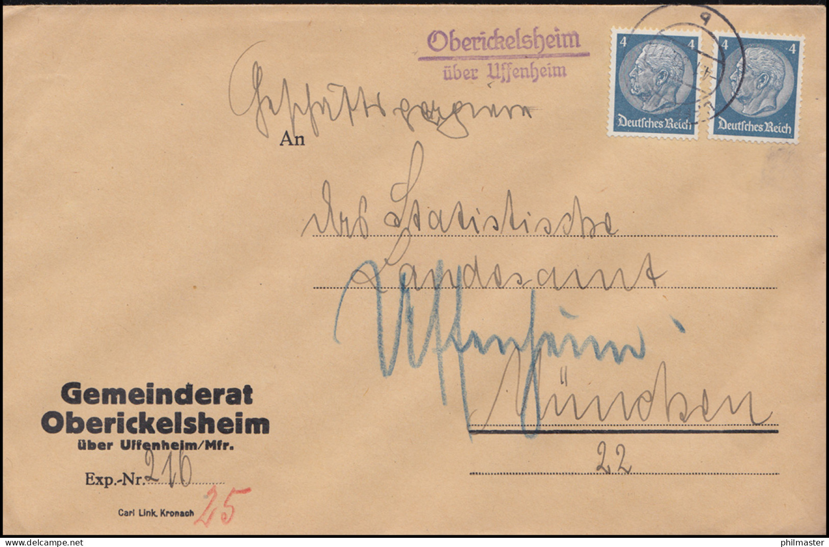Landpost-Stempel Oberickelsheim über UFFENHEIM 4.1.1936 Auf Brief Nach München - Lettres & Documents