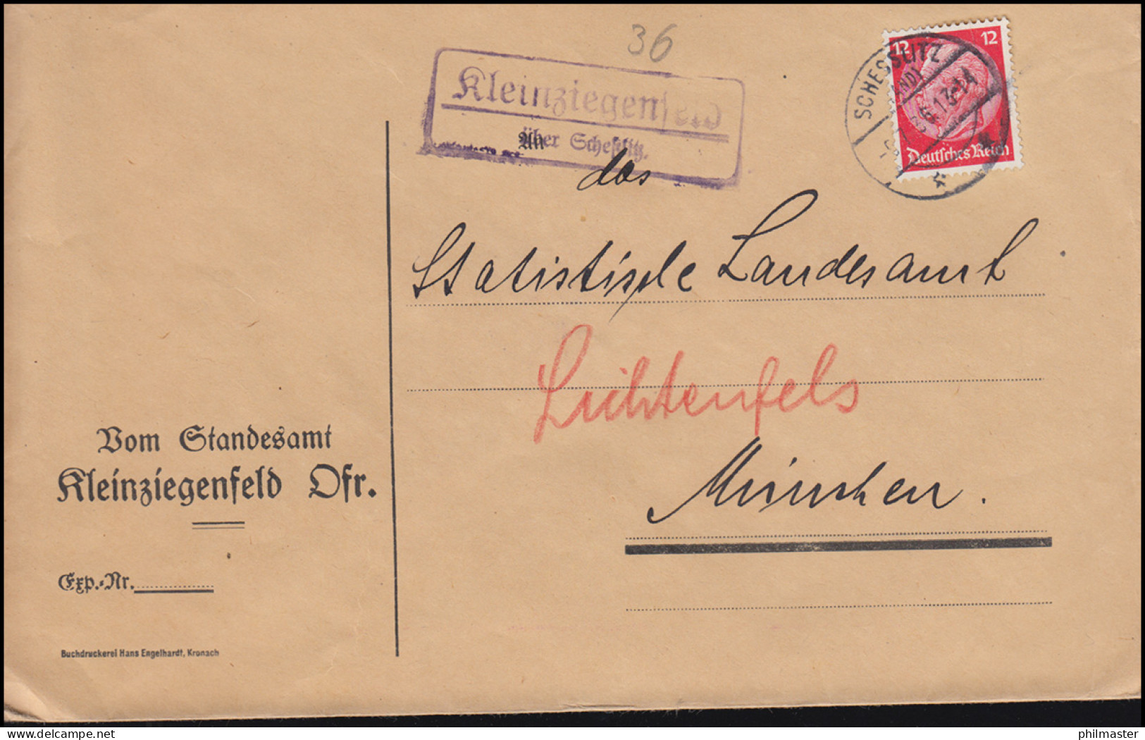 Landpost-Stempel Kleinziegenfeld über SCHESSLITZ (LAND) 6.7.1936 Auf Brief  - Briefe U. Dokumente