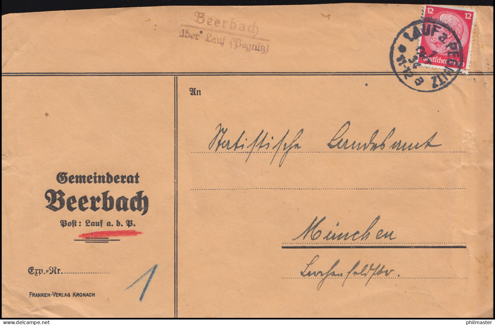 Landpost-Stempel Beerbach über LAUF A. PEGNITZ 1.10.1934 Auf Brief Nach München - Storia Postale