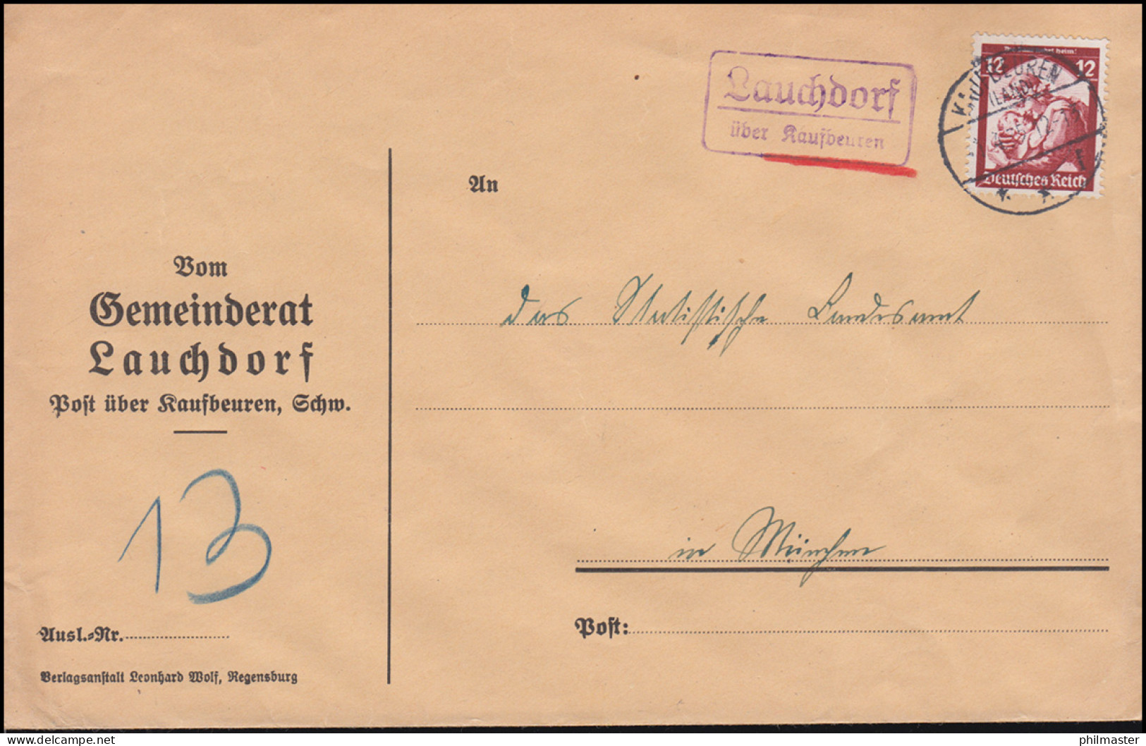 Landpost-Stempel Lauchdorf über KAUFBEUREN (LAND) 1.4.35 Auf Brief Nach München - Lettres & Documents