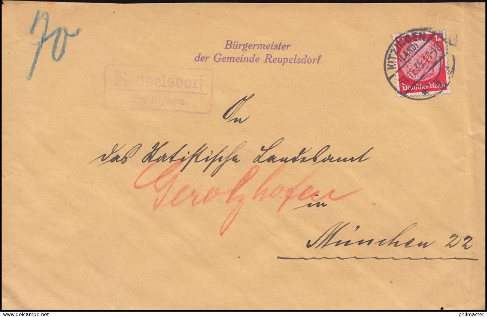 Landpost-Stempel Reupelsdorf über KITZLINGEN (LAND) 31.12.35 Brief Nach München - Brieven En Documenten