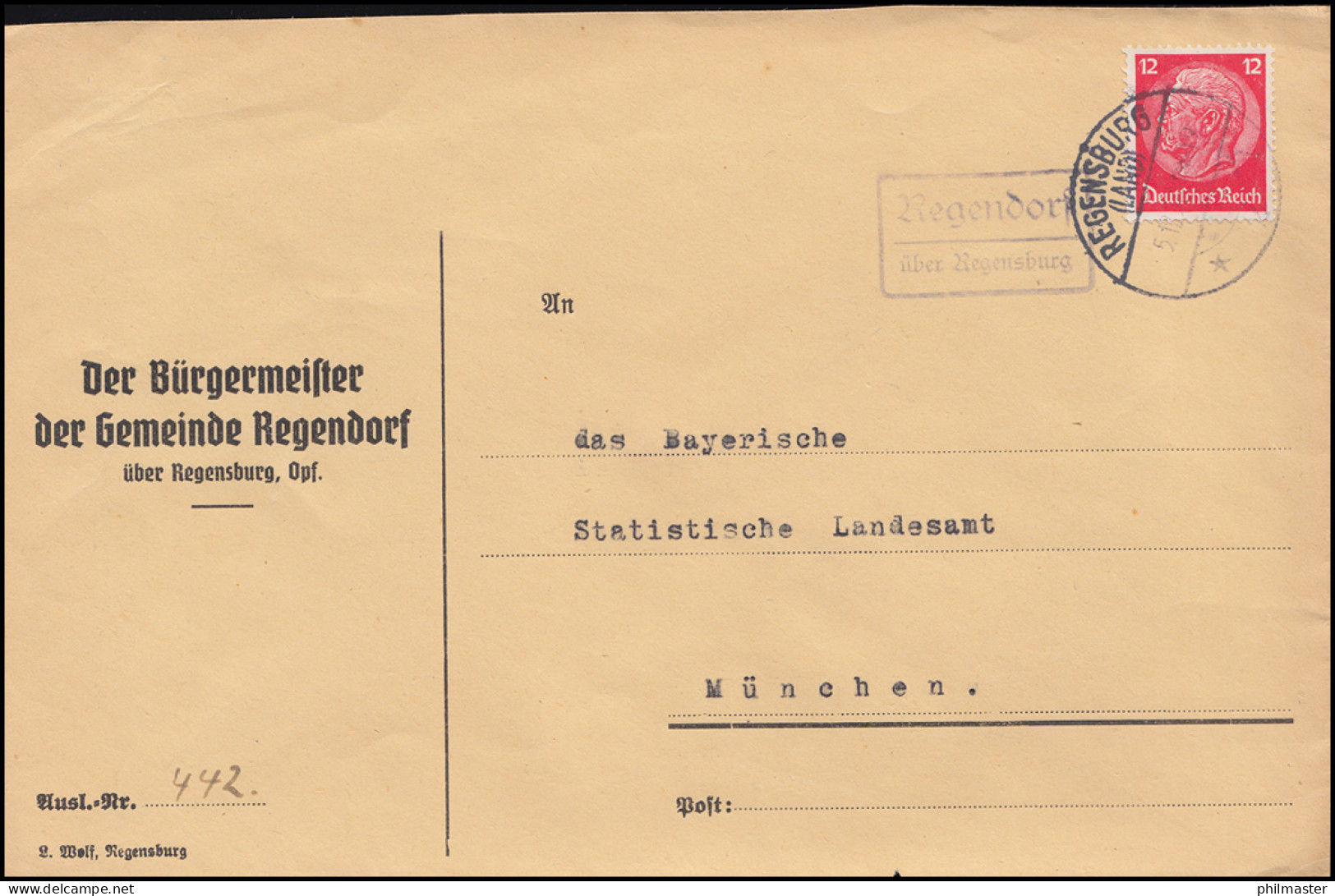 Landpost-Stempel Regendorf über REGENSBURG (LAND) 5.12.1936 Brief Nach München - Brieven En Documenten