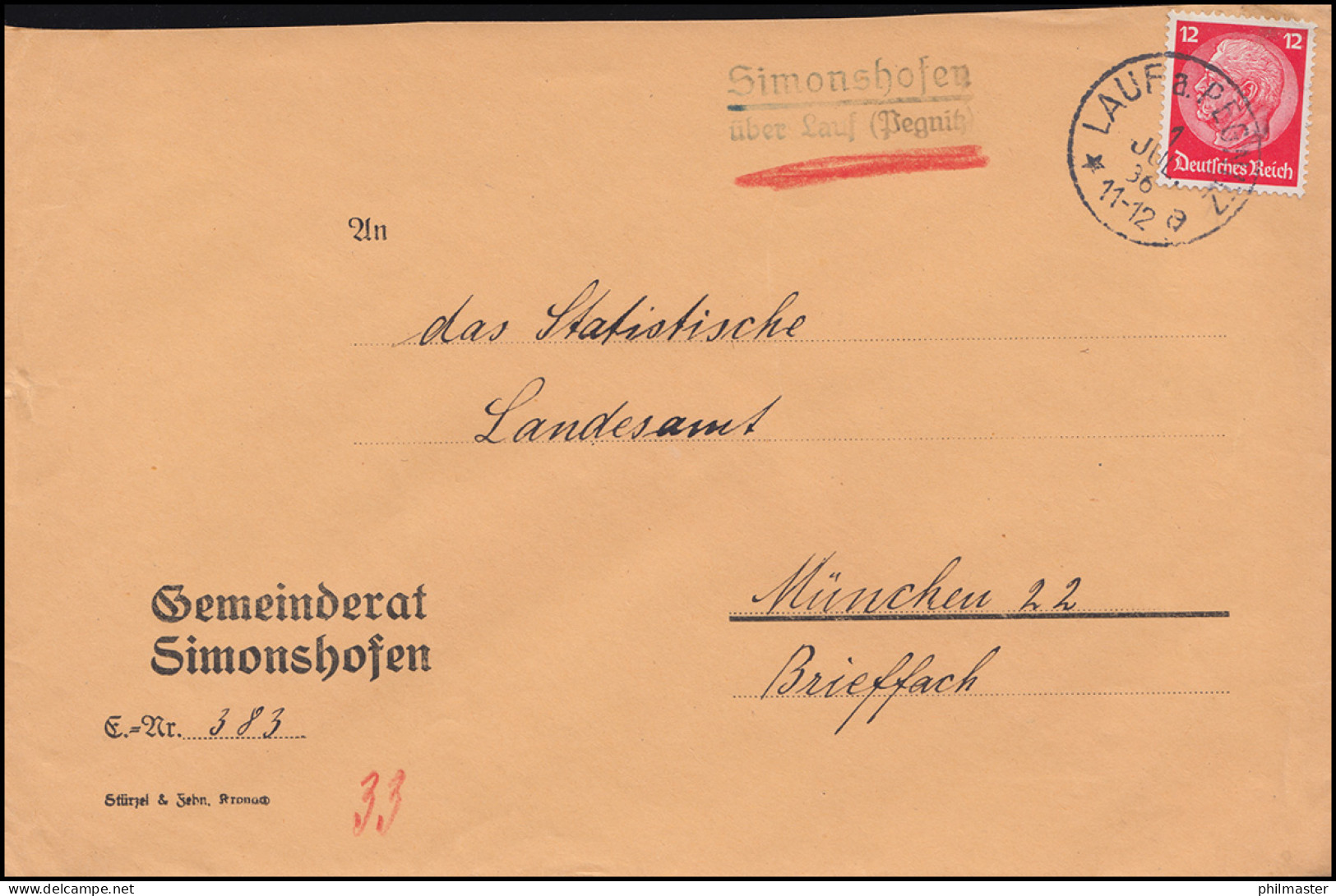 Landpost-Stempel Simonshofen über LAUF A. PEGNITZ 1.7.36 Auf Brief Nach München - Briefe U. Dokumente