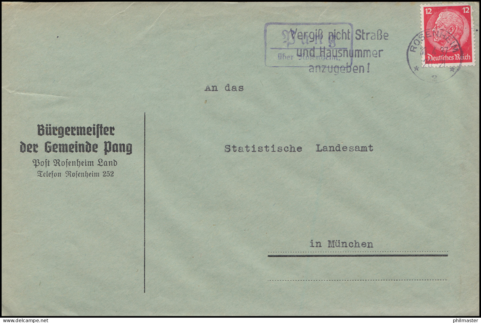 Landpost-Stempel Pang über Rosenheim Brief Werbestempel ROSENHEIM 2 - 30.4.1937 - Brieven En Documenten