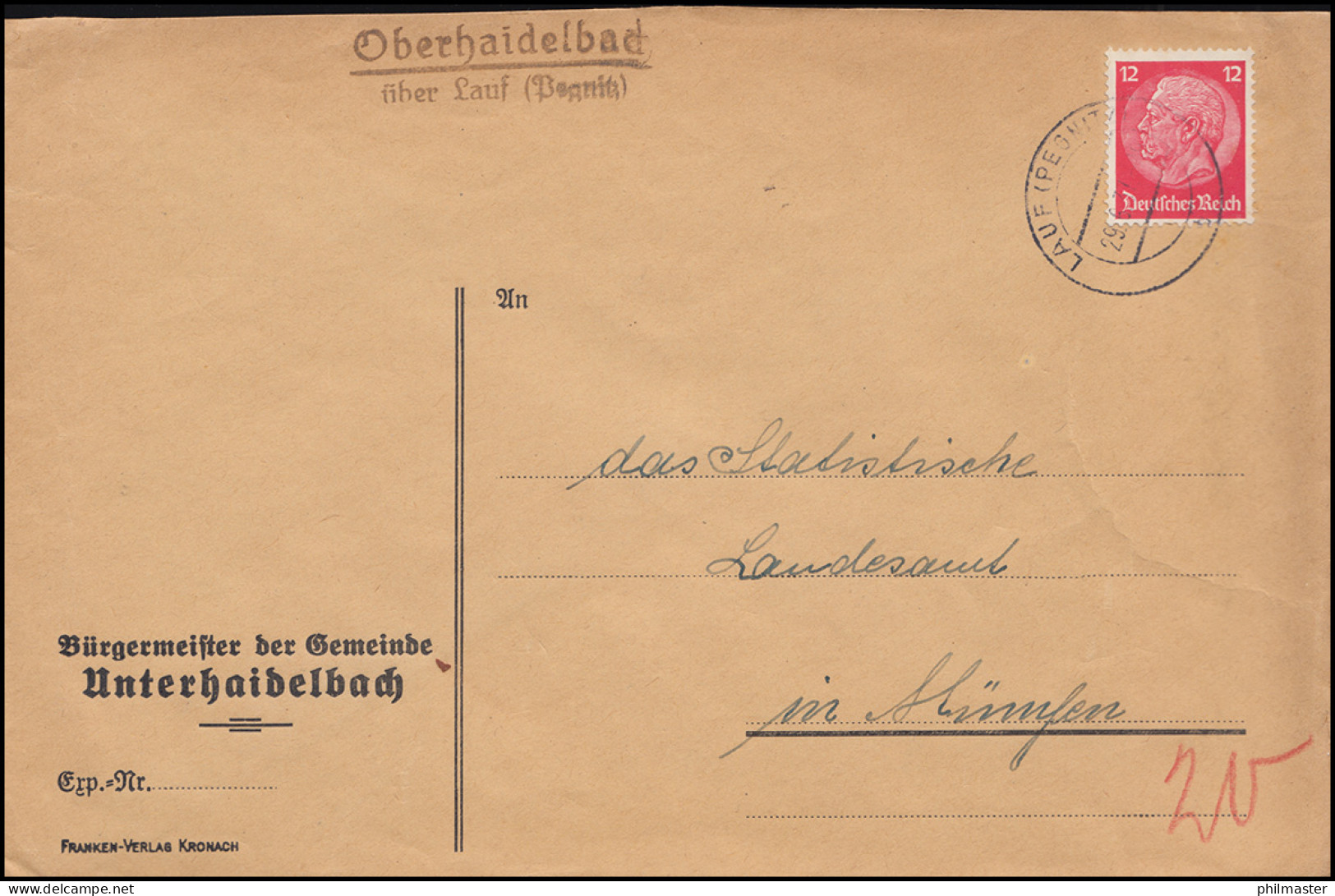 Landpost-Stempel Oberhaidelbach über LAUF (PEGNITZ) 29.6.37 Brief Nach München - Storia Postale
