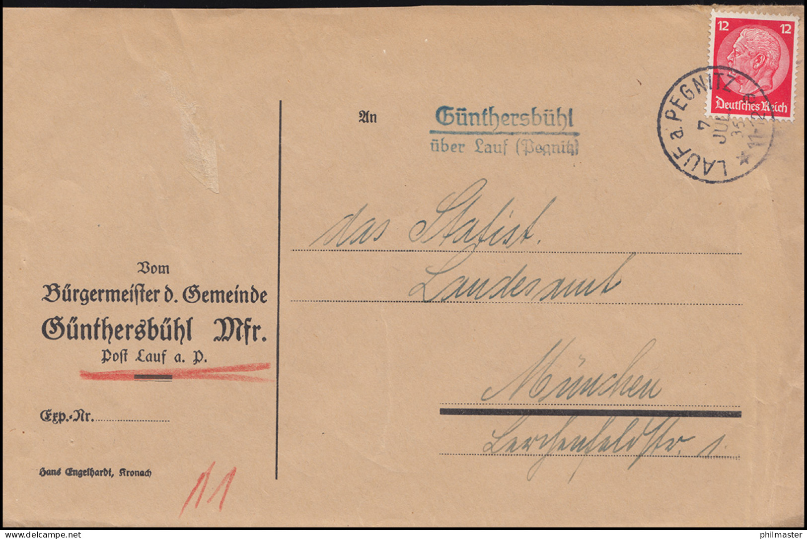 Landpost-Stempel Günthersbühl über LAUF (PEGNITZ) 7.7.36 Auf Brief Nach München - Brieven En Documenten