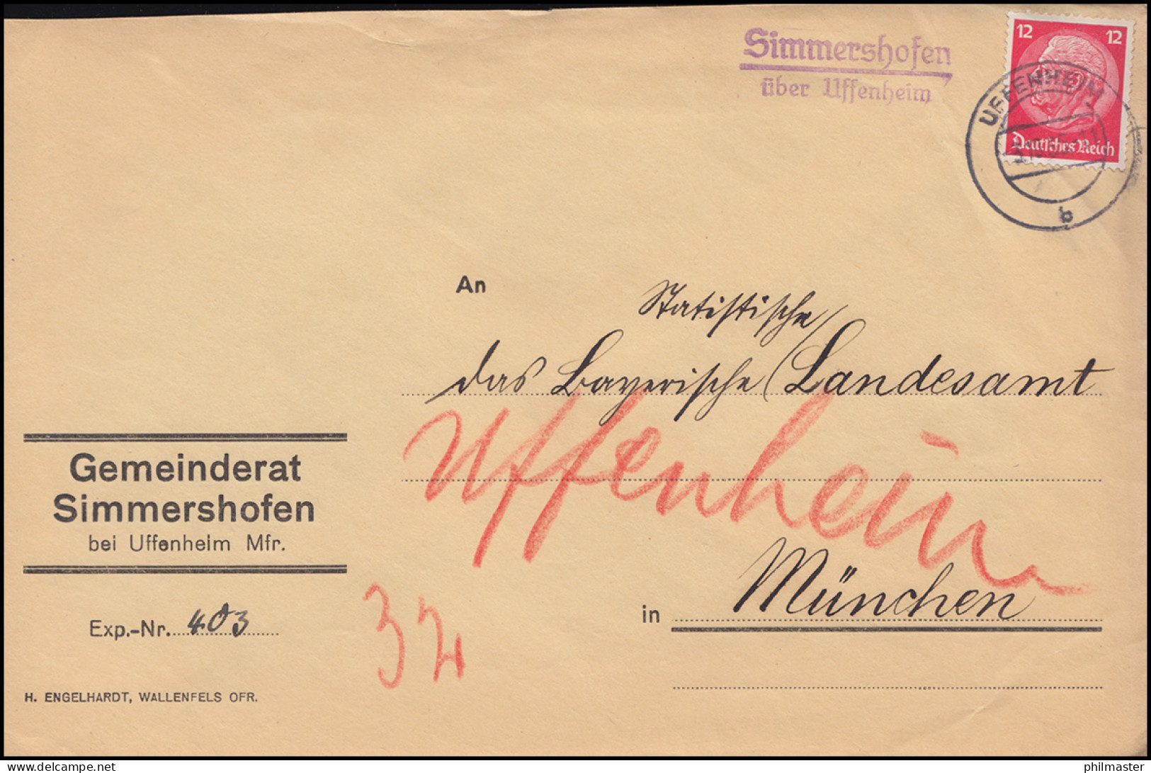 Landpost-Stempel Simmershofen über UFFENHEIM 3.10.1935 Auf Brief Nach München - Briefe U. Dokumente