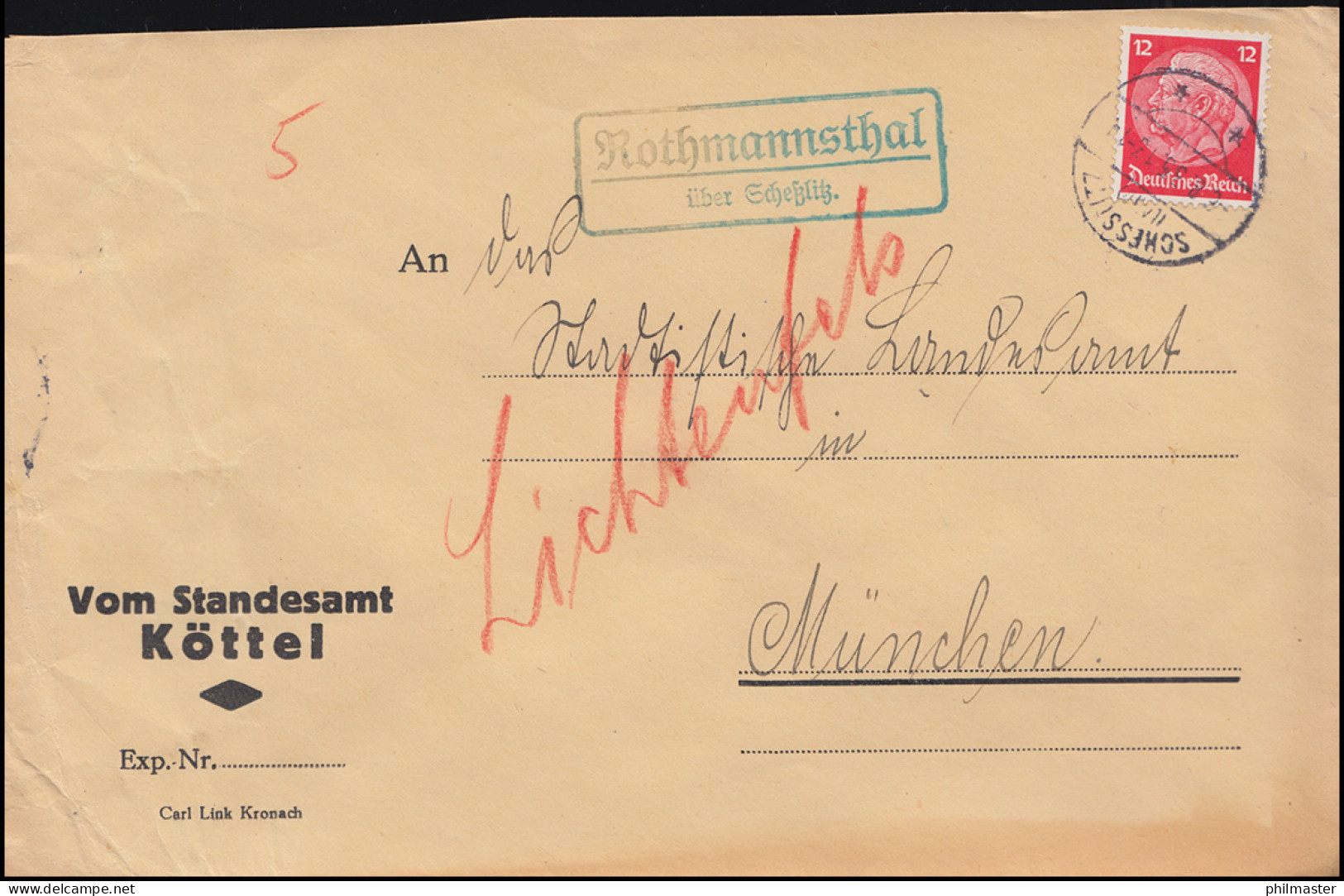 Landpost-Stempel Rothmannsthal über SCHESSLITZ (LAND) 6.8.1935 Auf Brief  - Lettres & Documents
