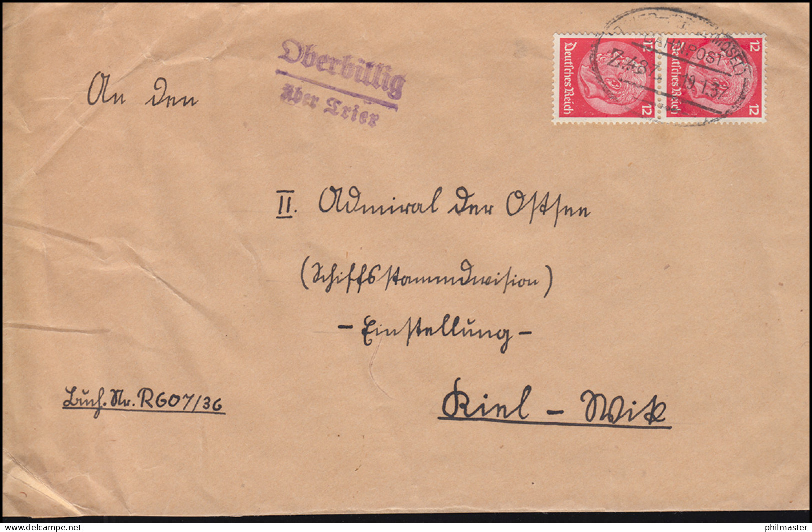 Landpost-Stempel Oberbillig über Trier Auf Brief Per Bahnpost Zug 487 - 19.1.37 - Storia Postale