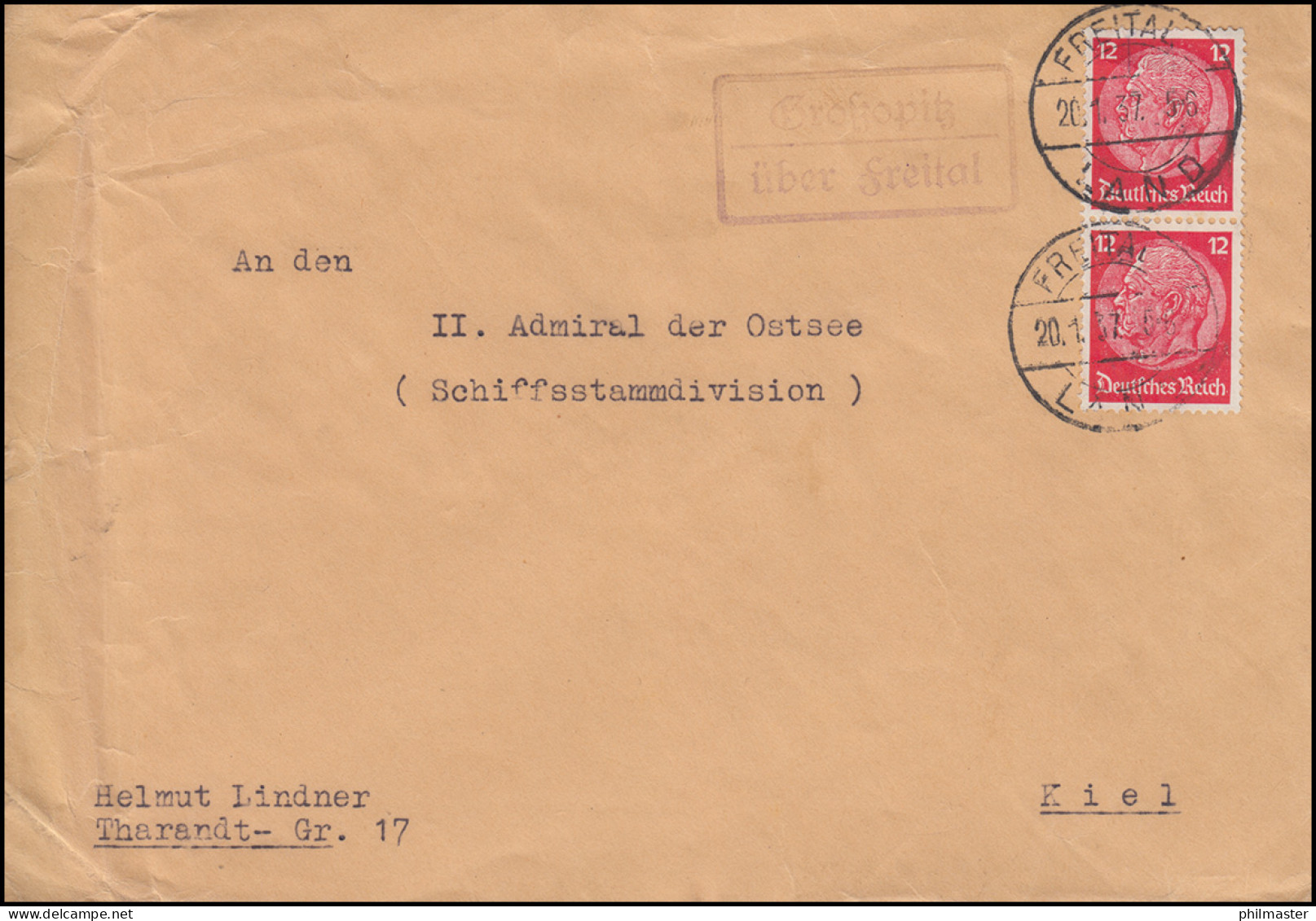 Landpost-Stempel Großopitz über FREITAL (LAND) 20.1.1937 Auf Brief Nach Kiel-Wik - Brieven En Documenten