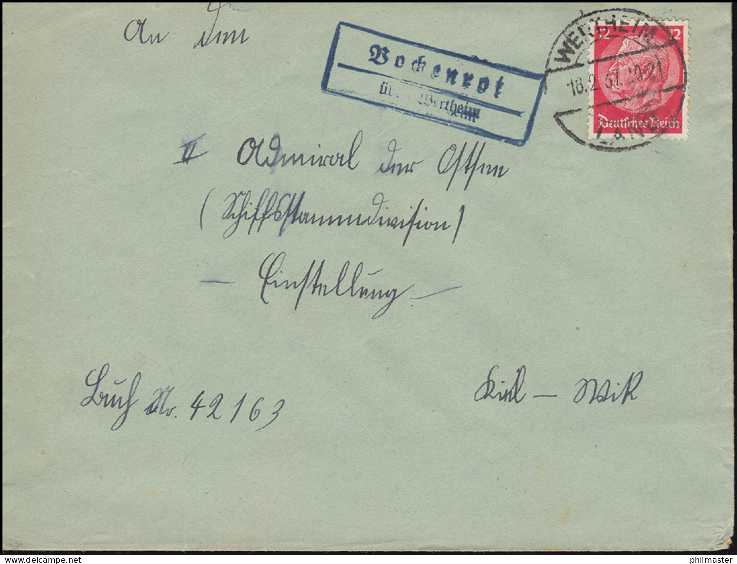 Landpost-Stempel Bockenrot über WERTHEIM LAND 18.2.1937 Nach Kiel-Wik - Briefe U. Dokumente