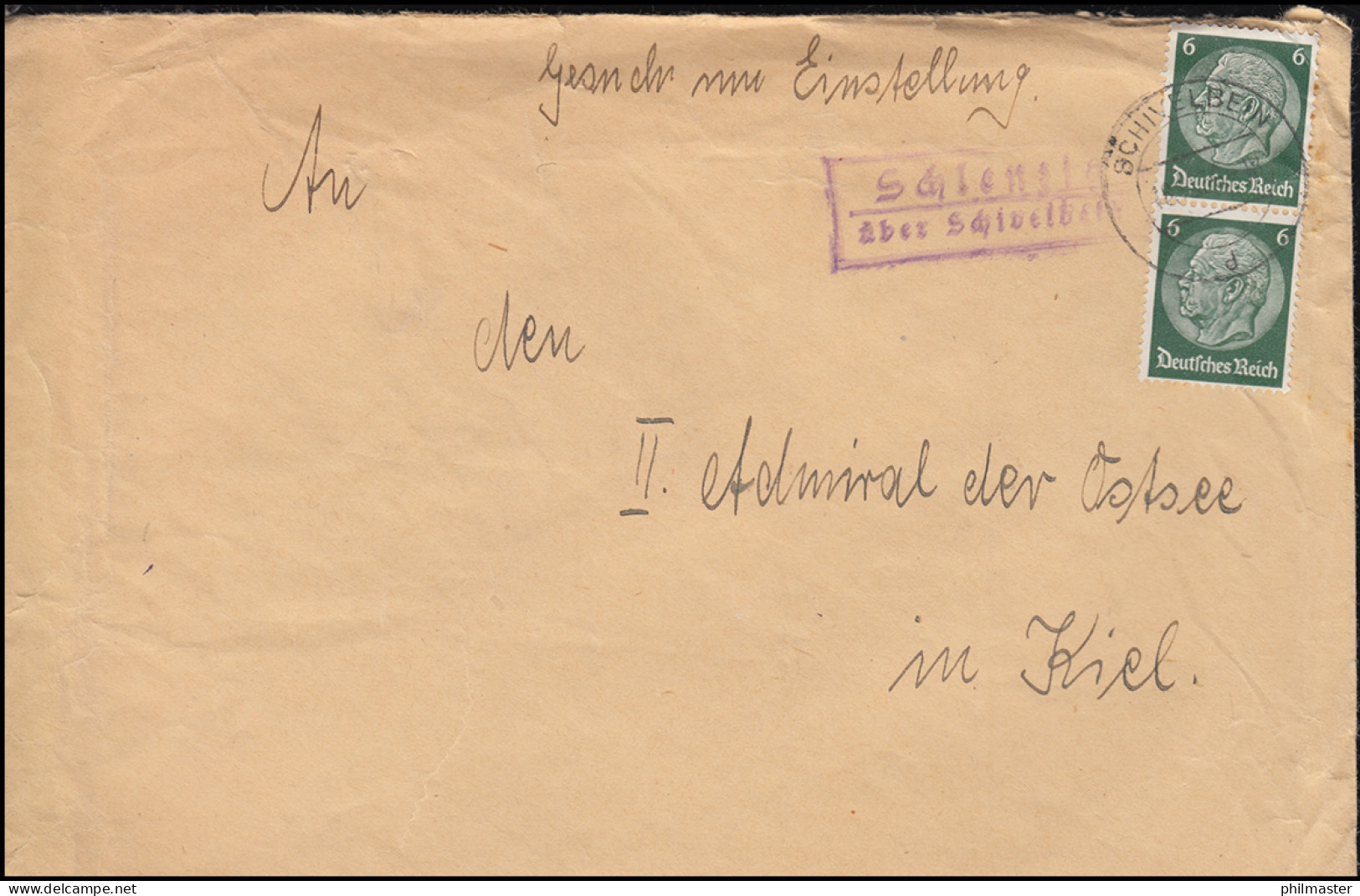 Landpost-Stempel Schlenzig über SCHIVELBEIN 1938 Auf Brief Nach Kiel-Wik - Storia Postale