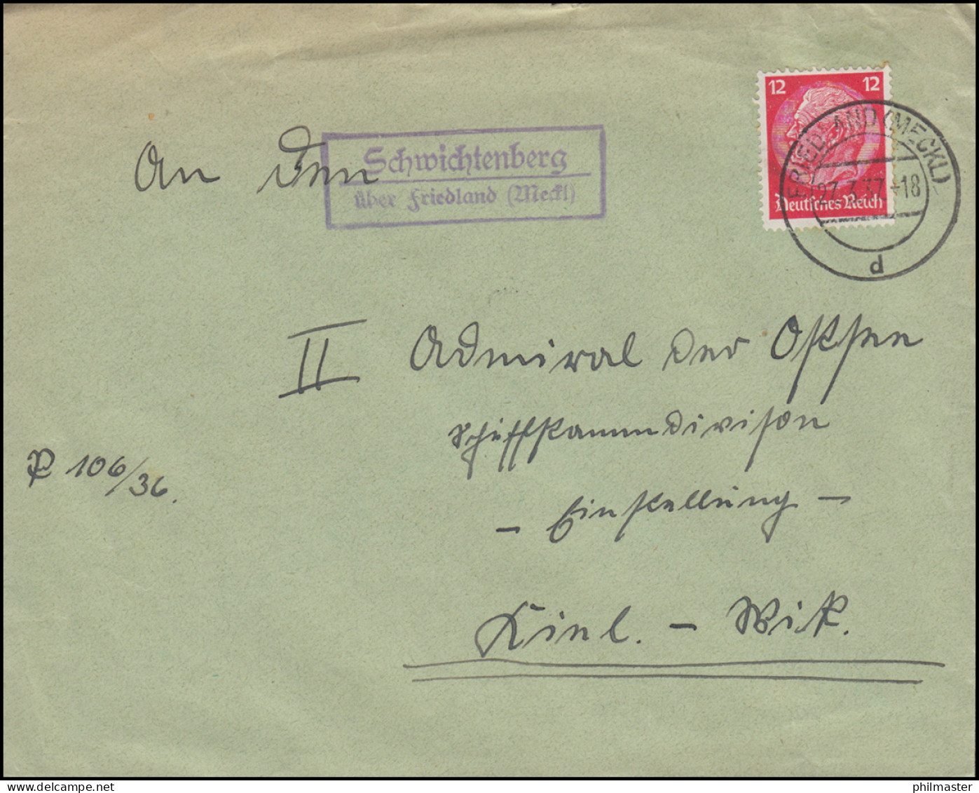 Landpost Schwichtenberg über FRIEDLAND (MECKL.) 27.3.37 Auf Brief Nach Kiel-Wik - Storia Postale