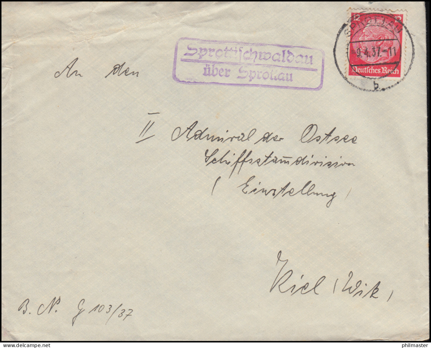 Landpost Sprottischwaldau über SPROTTAU 9.4.1937 Auf Brief Nach Kiel-Wik - Storia Postale