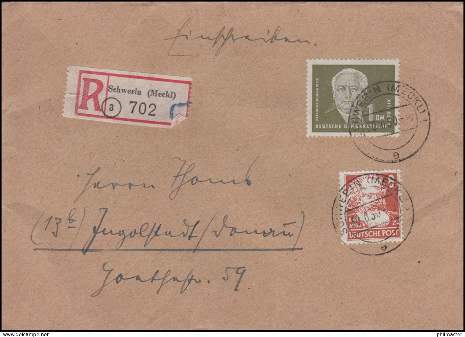 253 Pieck 1 DM Mit 214 Marx 8 Pf Als MiF Auf R-Brief SCHWERIN 30.10.1950 - Covers & Documents