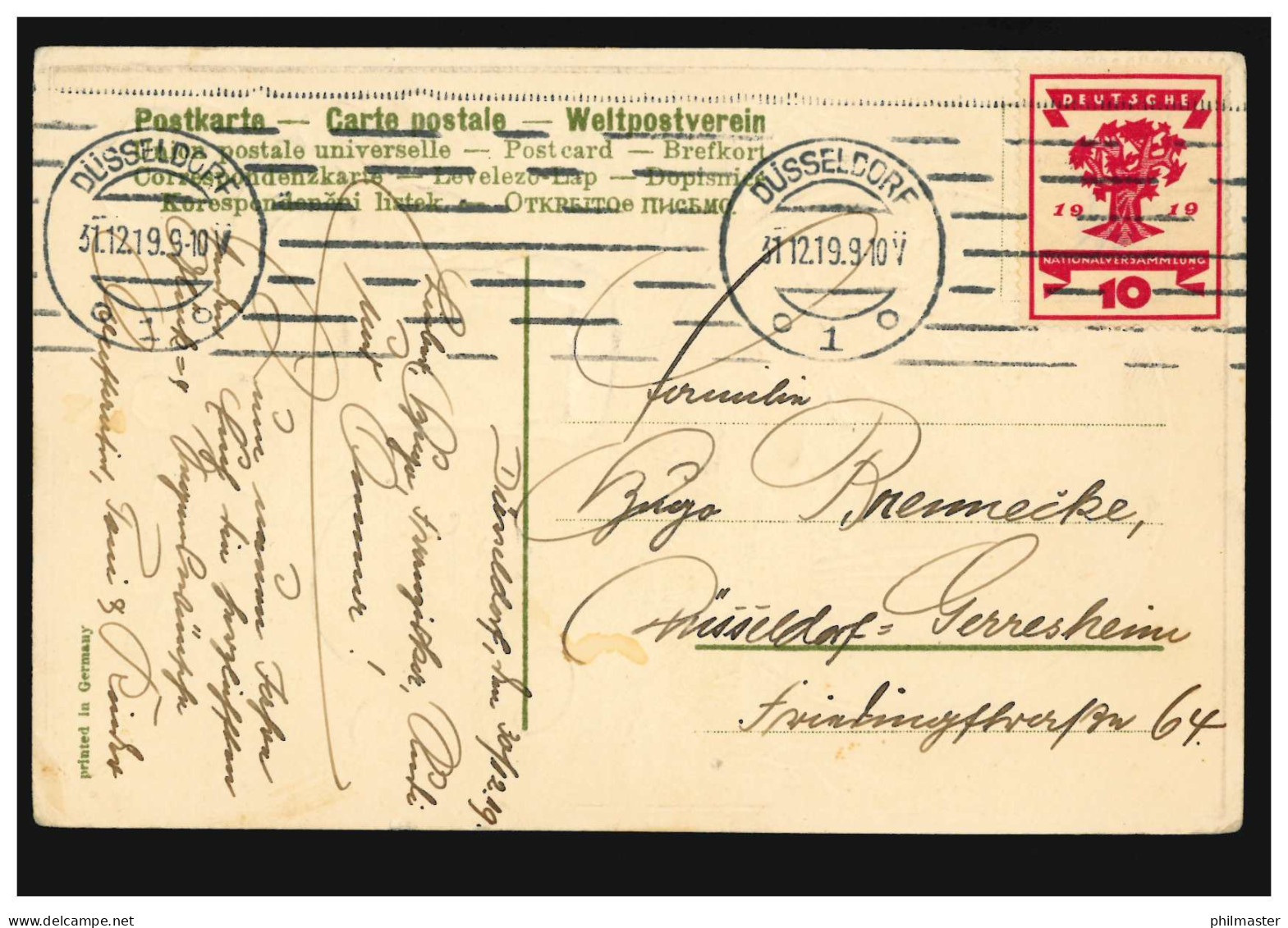 Prägekarte Neujahr Zahl 1 Glücksklee Landschaftsbild, DÜSSELDORF 31.12.1919 - Other & Unclassified