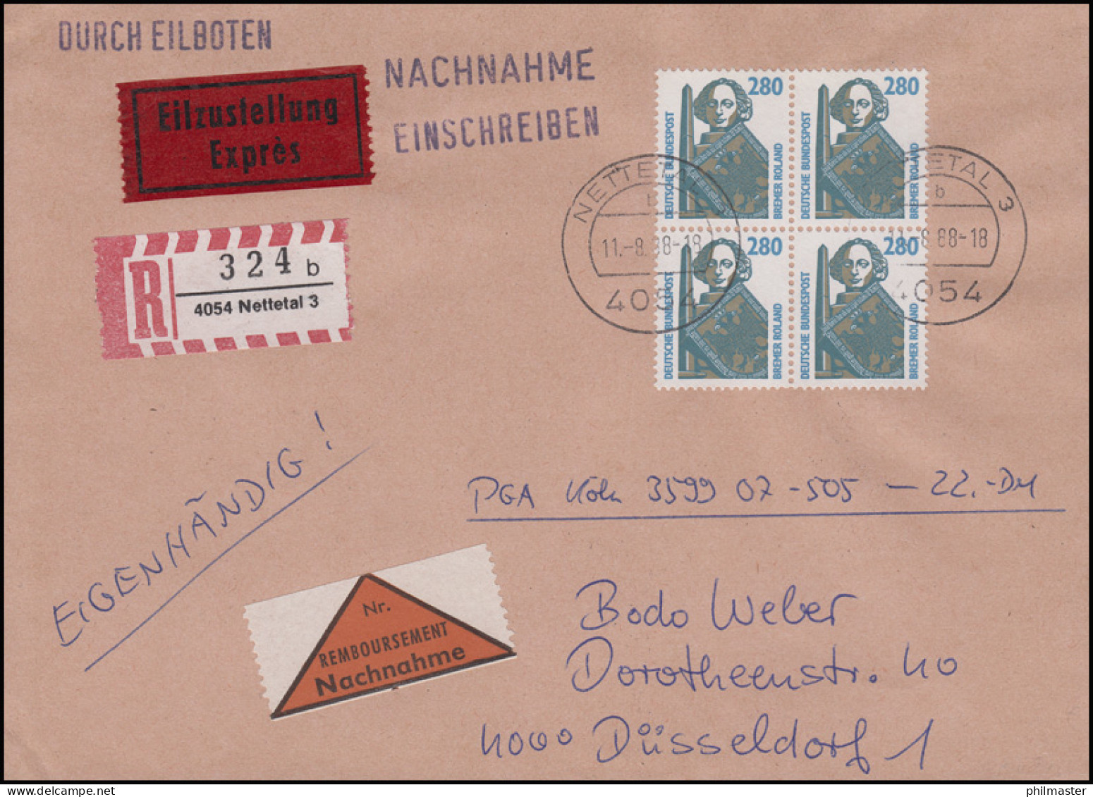 1381 SWK 280 Pf Viererblock Portog. NN-Eil-FDC Ersttagsstemepl NETTETAL 11.8.88 - Briefe U. Dokumente