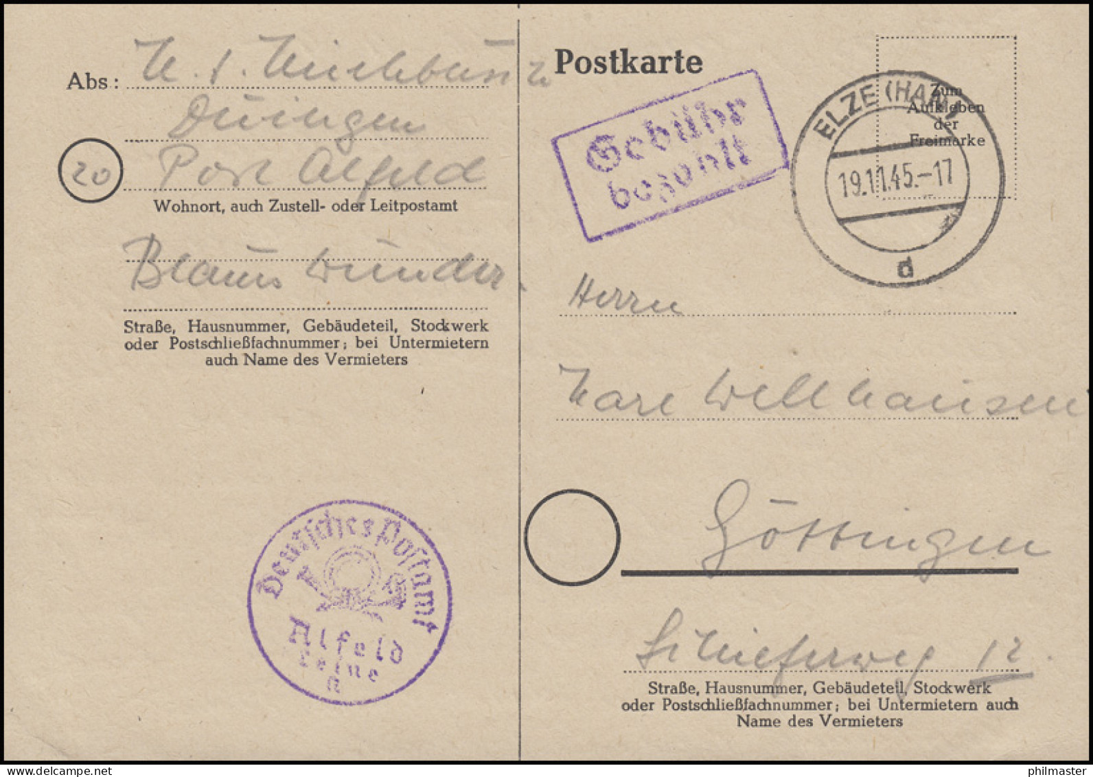 Gebühr-bezahlt-Stempel ELZE(HAN) 19.11.45 Mit Dienstsiegel Alfeld Auf Postkarte  - Storia Postale