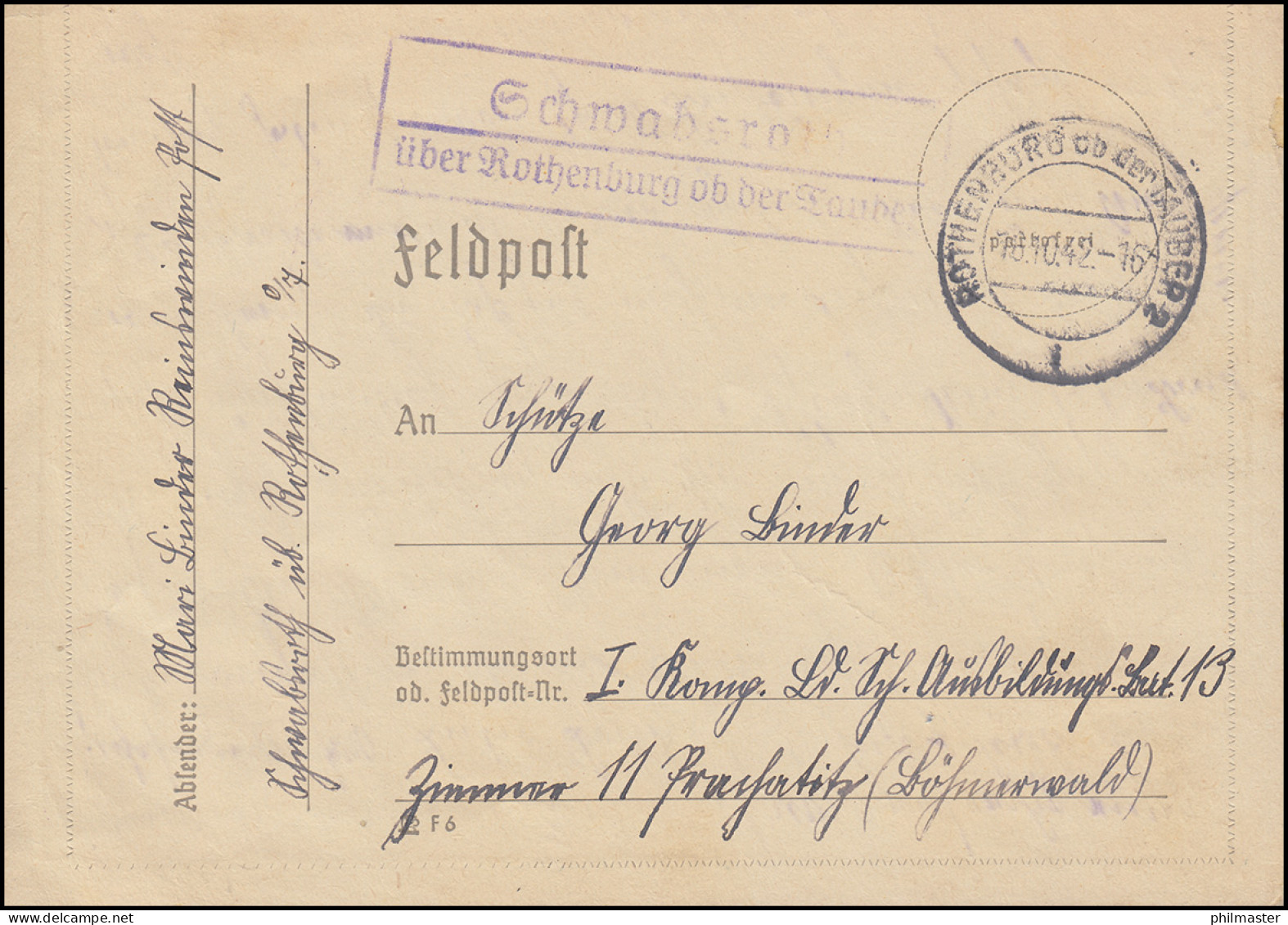 Landpost Schwabsroth über ROTHENBURG Ob Der Tauber 18.10.1942, Feldpostbrief - Briefe U. Dokumente