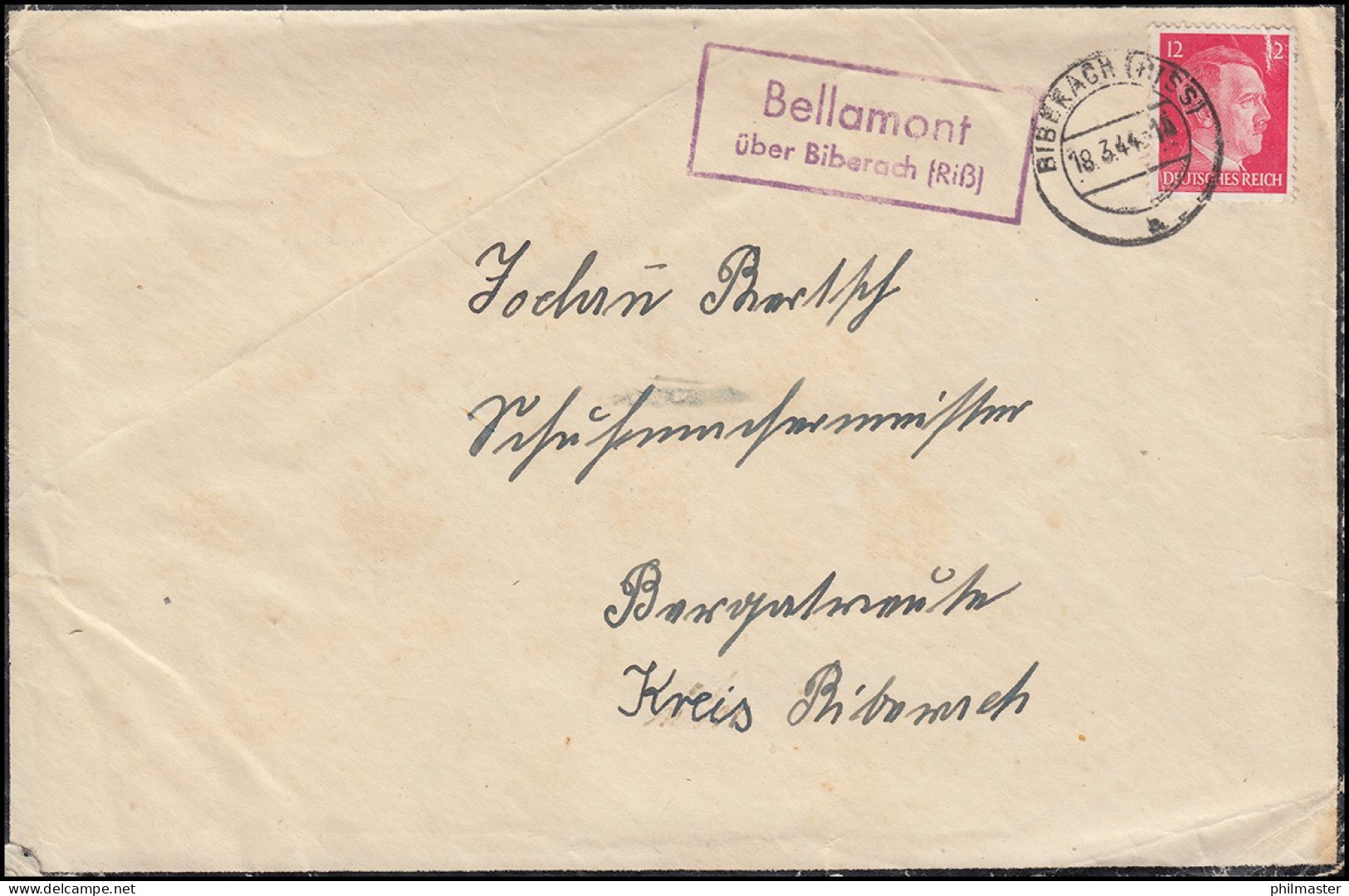 Landpoststempel Bellamont über BIBERACH (RISS) 18.2.1944 Auf Trauerbrief - Storia Postale
