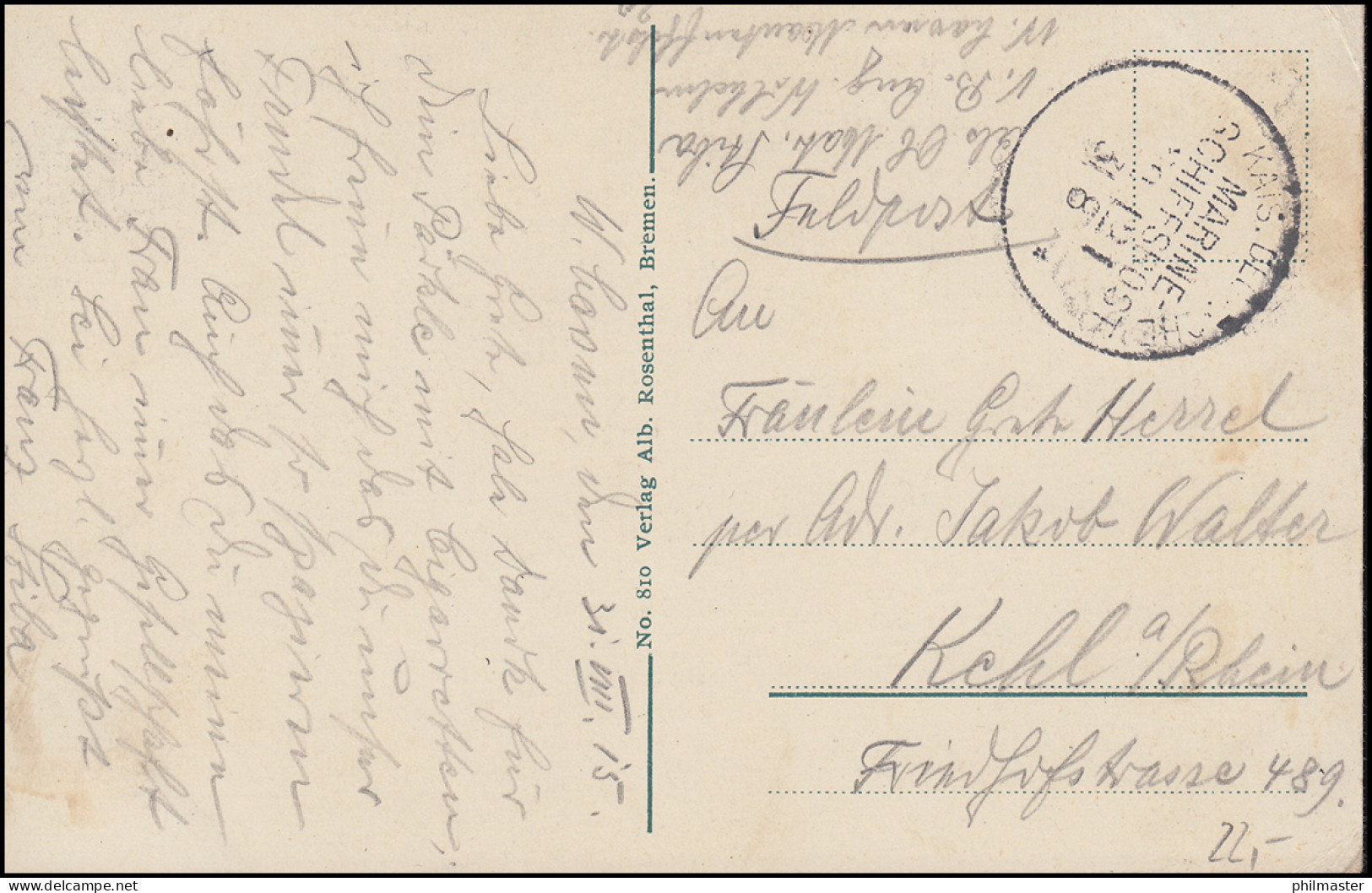 DEUTSCHE MARINE-SCHIFFSPOST No 121 - 31.8.1915 Auf AK SMS Kaiserin Nach Kehl/Rh. - Sonstige & Ohne Zuordnung