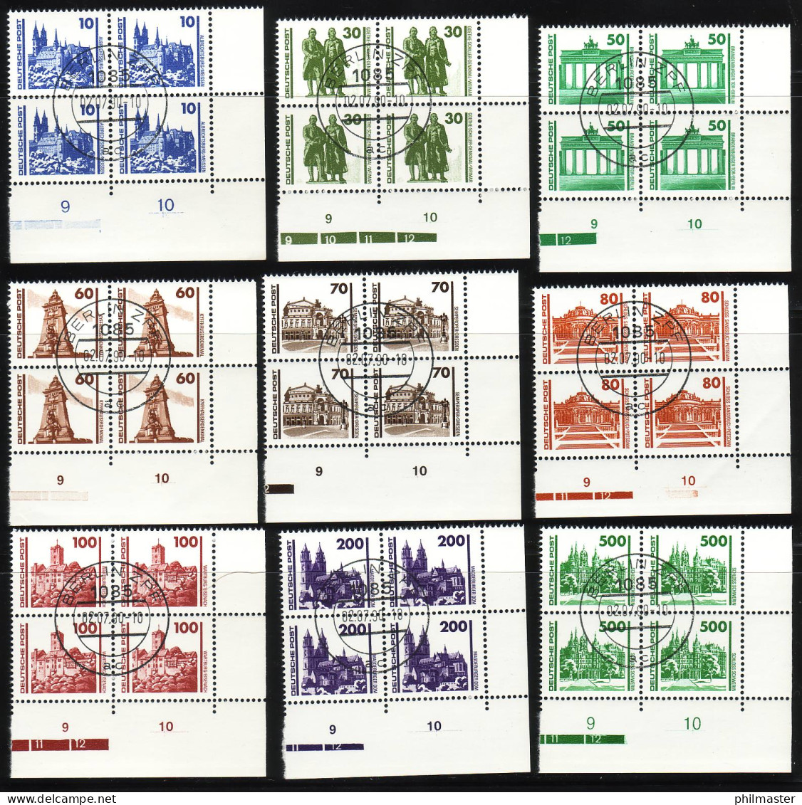 3344-52 Bauwerke 1990, Eckrand-Viererblocks. U.r. VS-O Berlin ZPF - Oblitérés