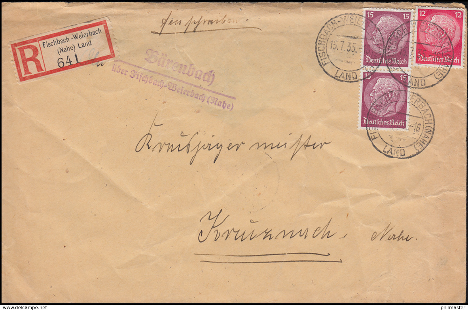 Landpost Bärenbach über FISCHBACH-WEIERBACH LAND 15.7.35 R-Brief Nach KREUZNACH - Covers & Documents