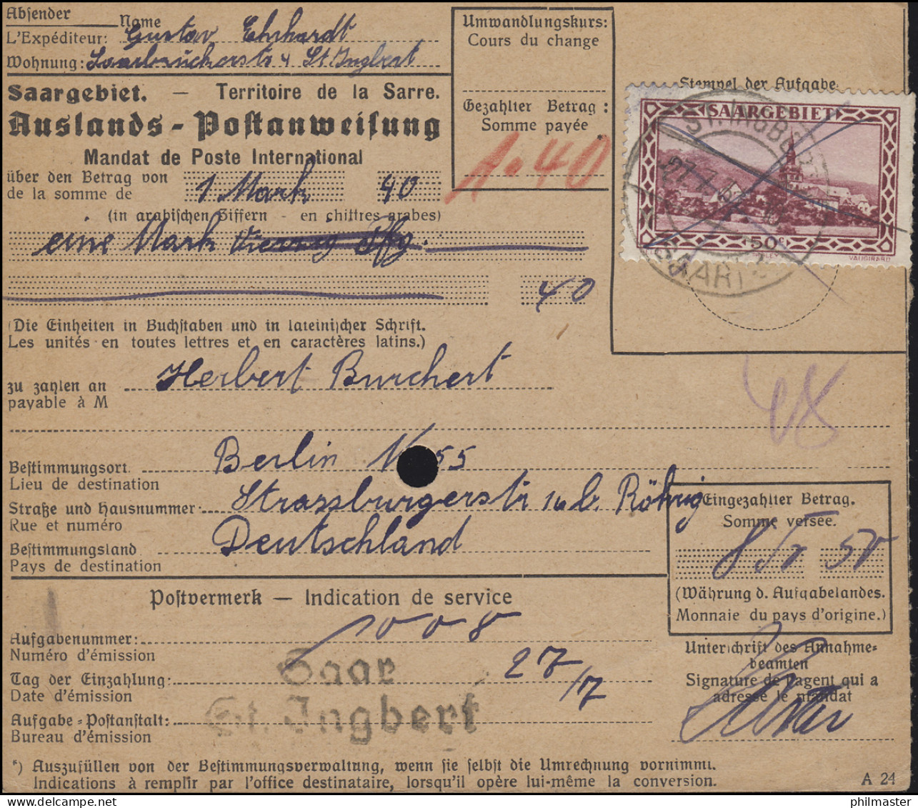 114 Abtei Tholey EF Auf Auslands-Postanweisung ST. INGBERT 27.7.31 Nach Berlin - Covers & Documents