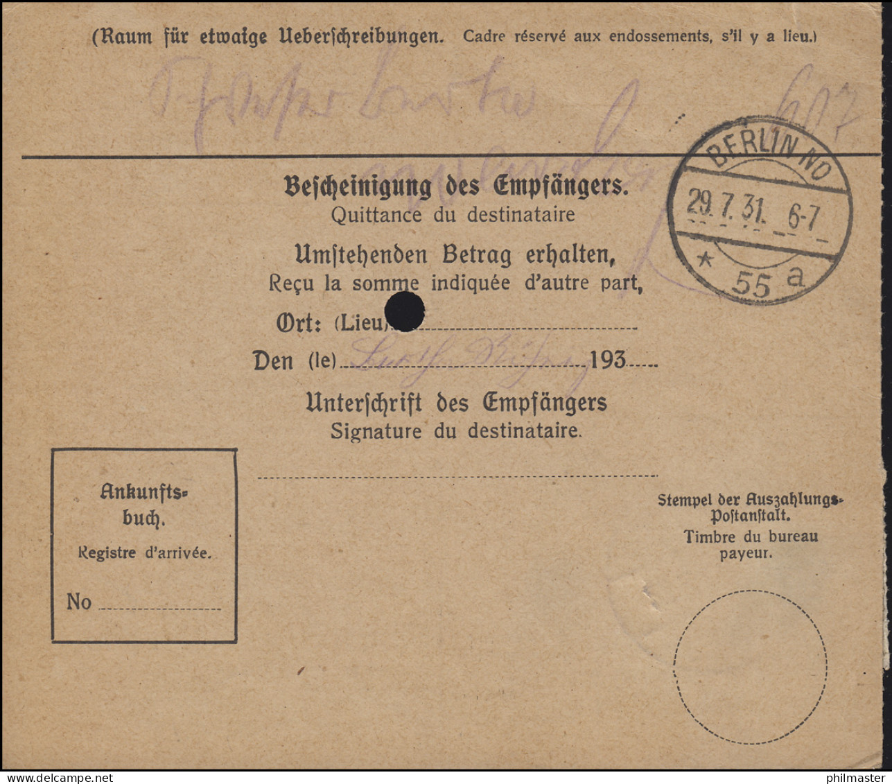114 Abtei Tholey EF Auf Auslands-Postanweisung ST. INGBERT 27.7.31 Nach Berlin - Brieven En Documenten