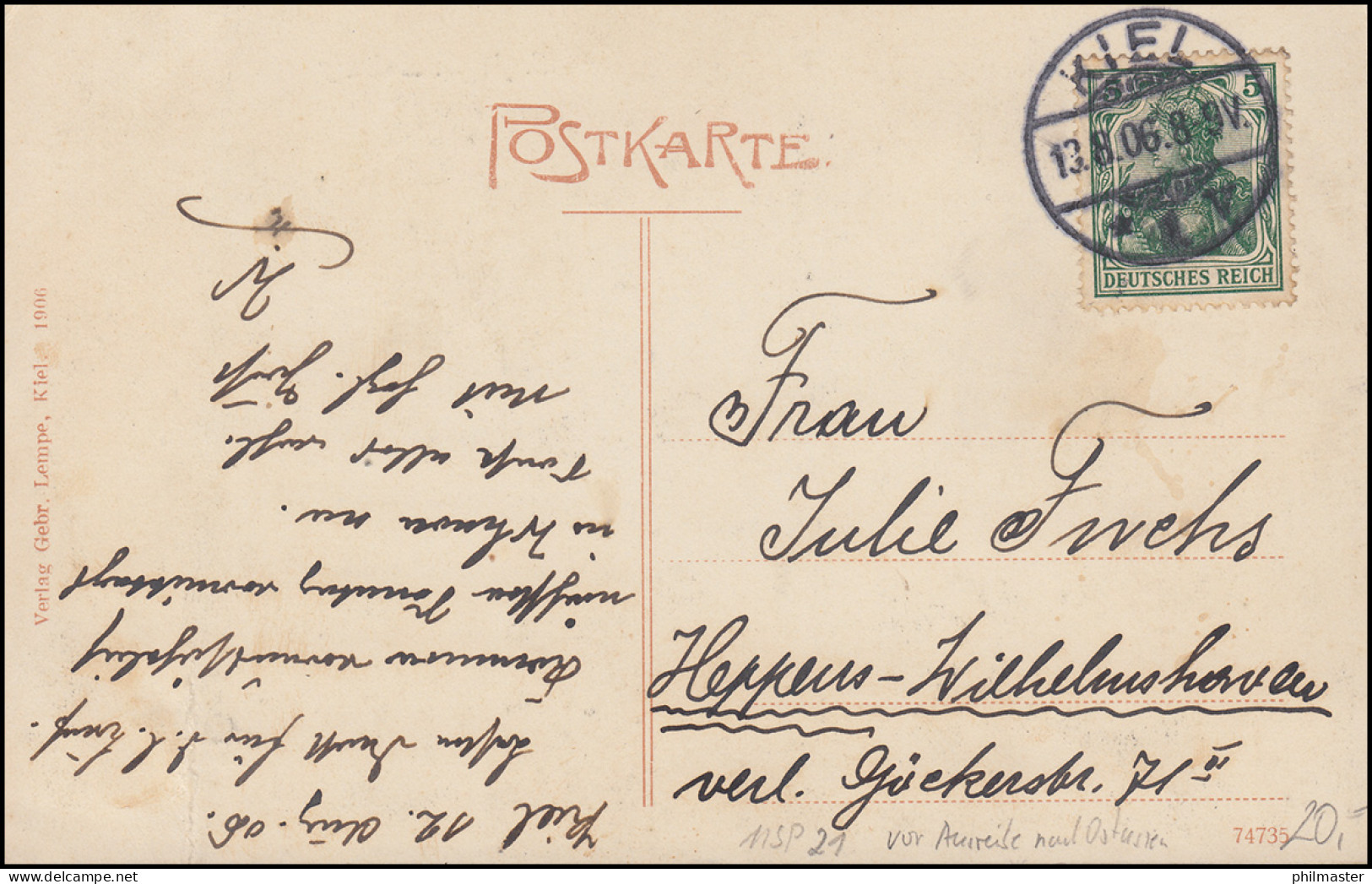 Ansichtskarte S.M.S Leipzig - Vor Ausreise Nach Ostasien, KIEL 13.8.1906 - Andere & Zonder Classificatie