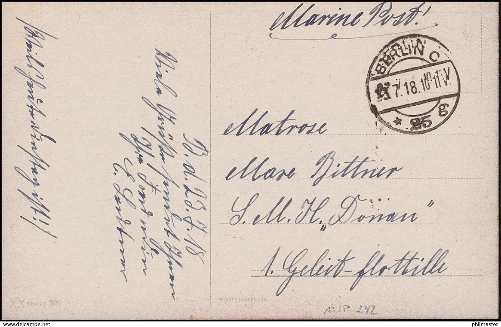 Marinefeldpost An Einen Matrosen Der SMH Donau Geleit-Flottille BERLIN 23.7.1918 - Other & Unclassified