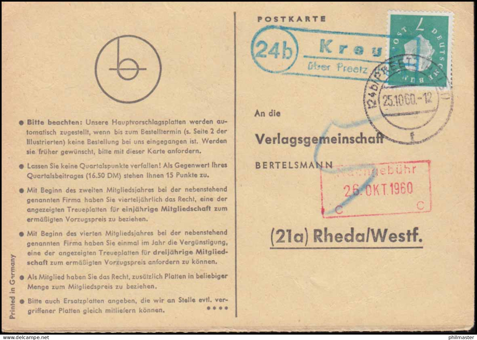 Blaugrüner Landpost-O Kreu über PREETZ (HOLSTEIN) 25.10.60, Postkarte Nach Rheda - Otros & Sin Clasificación