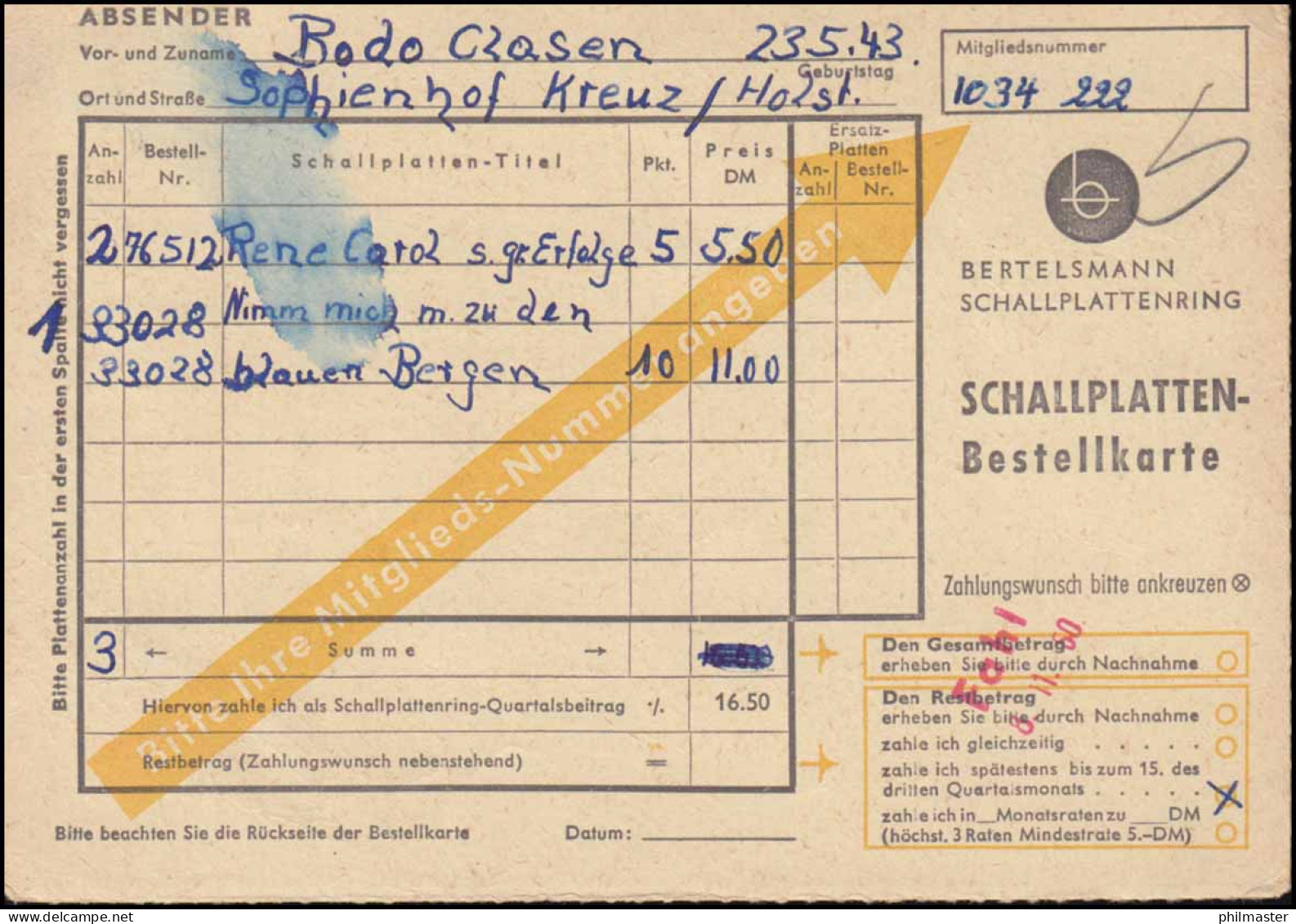 Blaugrüner Landpost-O Kreu über PREETZ (HOLSTEIN) 25.10.60, Postkarte Nach Rheda - Other & Unclassified