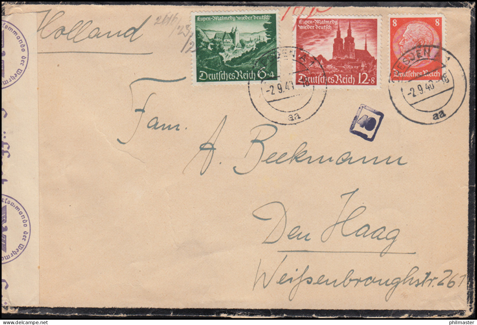 Zensur Oberkommando Der Wehrmacht Brief 748-749 Malmedy+Eiupen, DRESDEN 7.9.1940 - Autres & Non Classés
