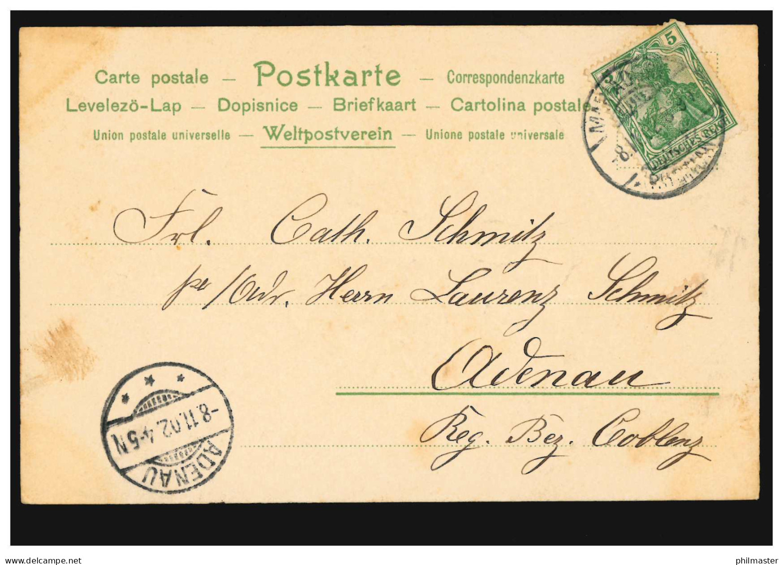 Prägekarte Veilchenstrauss Mit Schleife, MARIADORF 8.11.1902 Nach ADENAU 8.11.02 - Other & Unclassified