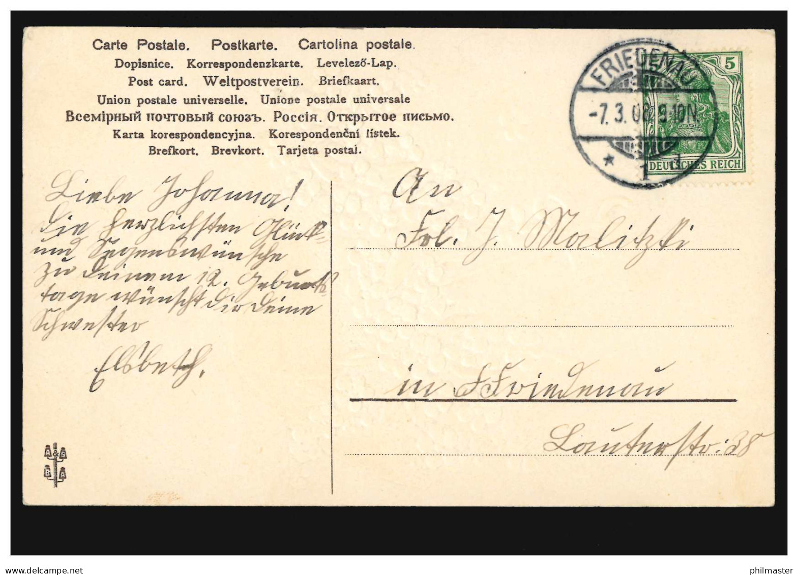 Prägekarte Veilchenblumen Im Regenschirm, FRIEDENAU 7.3.1908 - Other & Unclassified