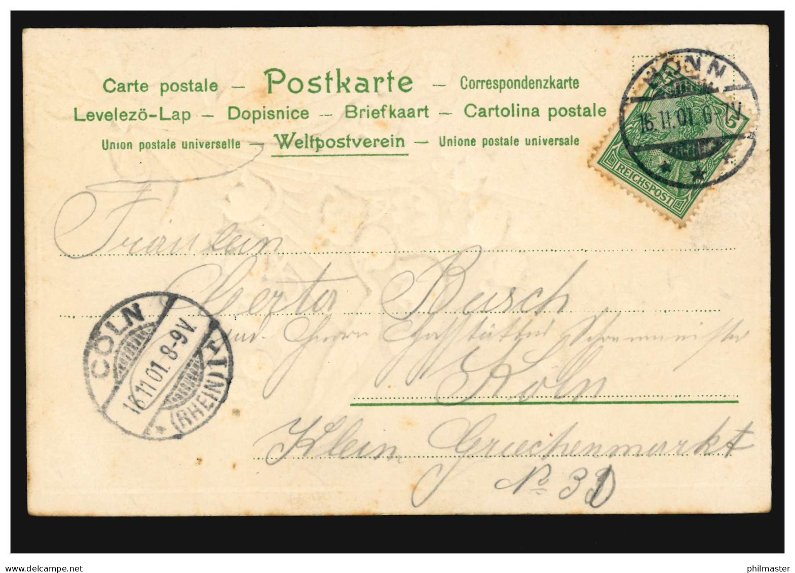 Prägekarte Maiglöckchenstrauss Mit Schleife, BONN 16.11.1901 Nach CÖLN 16.11.01 - Autres & Non Classés