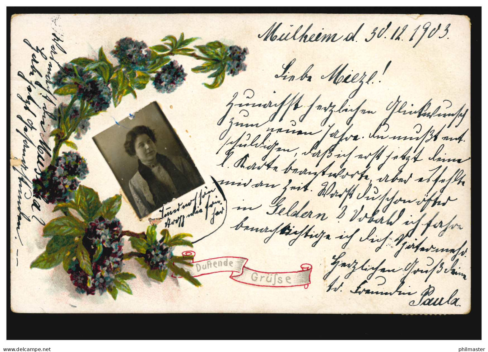 Prägekarte Frauenbildnis Als Passfoto In Blumengirlande, MÜLHEIM 31.12.1903 - Otros & Sin Clasificación