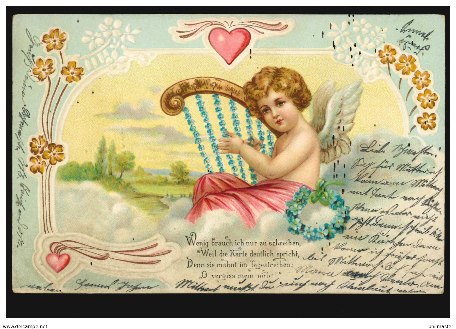 Prägekarte Engel Mit Harfe Aus Blumen Veilchen Herz, Nach VORST 2.2.1904 - Sonstige & Ohne Zuordnung
