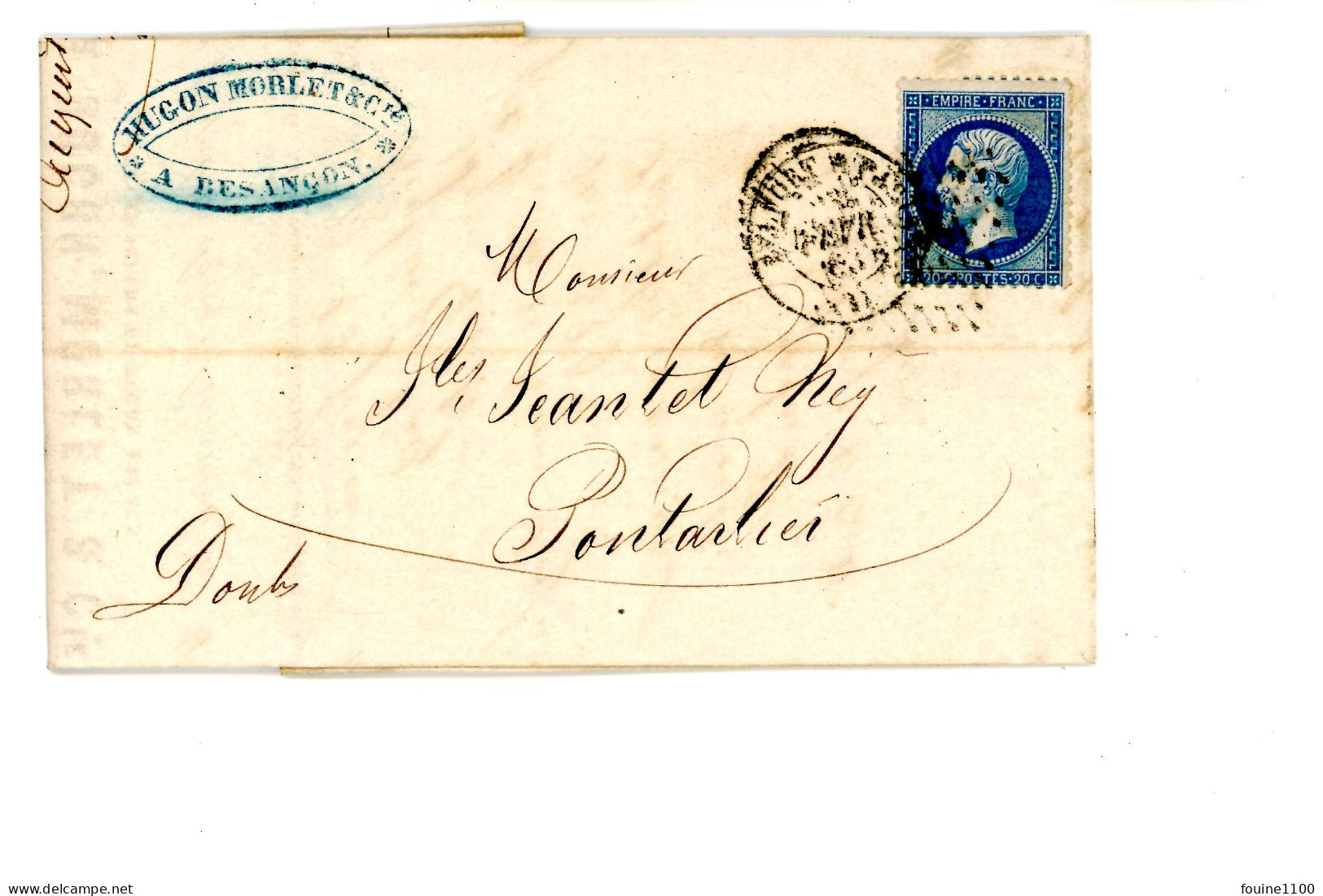 Courrier Facture An 1863 INDIGOS épicerie Peinture HUGON MORLET  à BESANCON 25 Doubs Pour SANTET à PONTARLIER - 1863-1870 Napoléon III. Laure