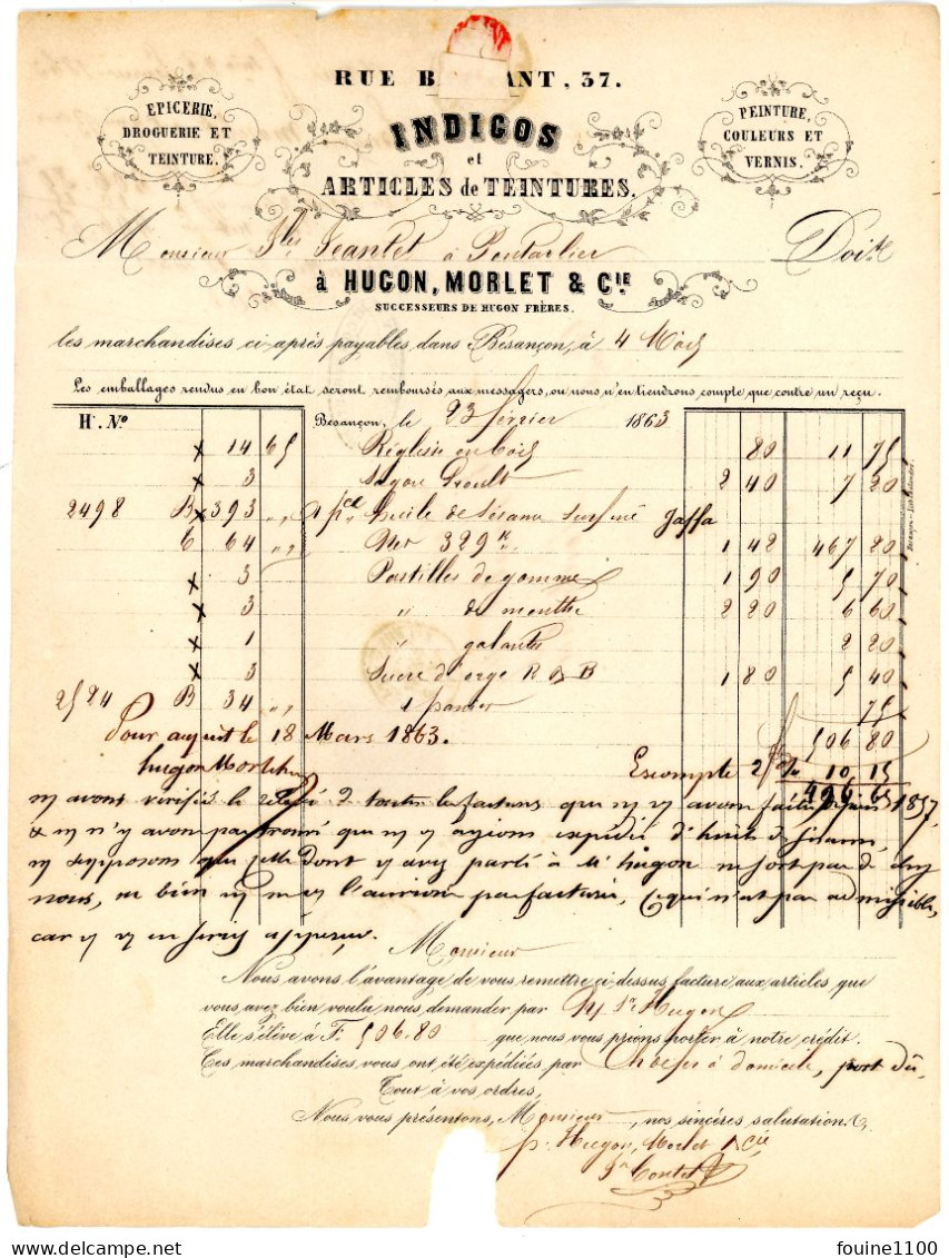 Courrier Facture An 1863 INDIGOS épicerie Peinture HUGON MORLET  à BESANCON 25 Doubs Pour SANTET à PONTARLIER - 1863-1870 Napoléon III Lauré