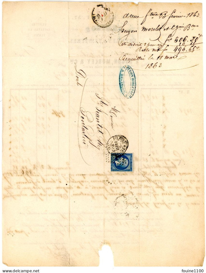 Courrier Facture An 1863 INDIGOS épicerie Peinture HUGON MORLET  à BESANCON 25 Doubs Pour SANTET à PONTARLIER - 1863-1870 Napoleon III Gelauwerd