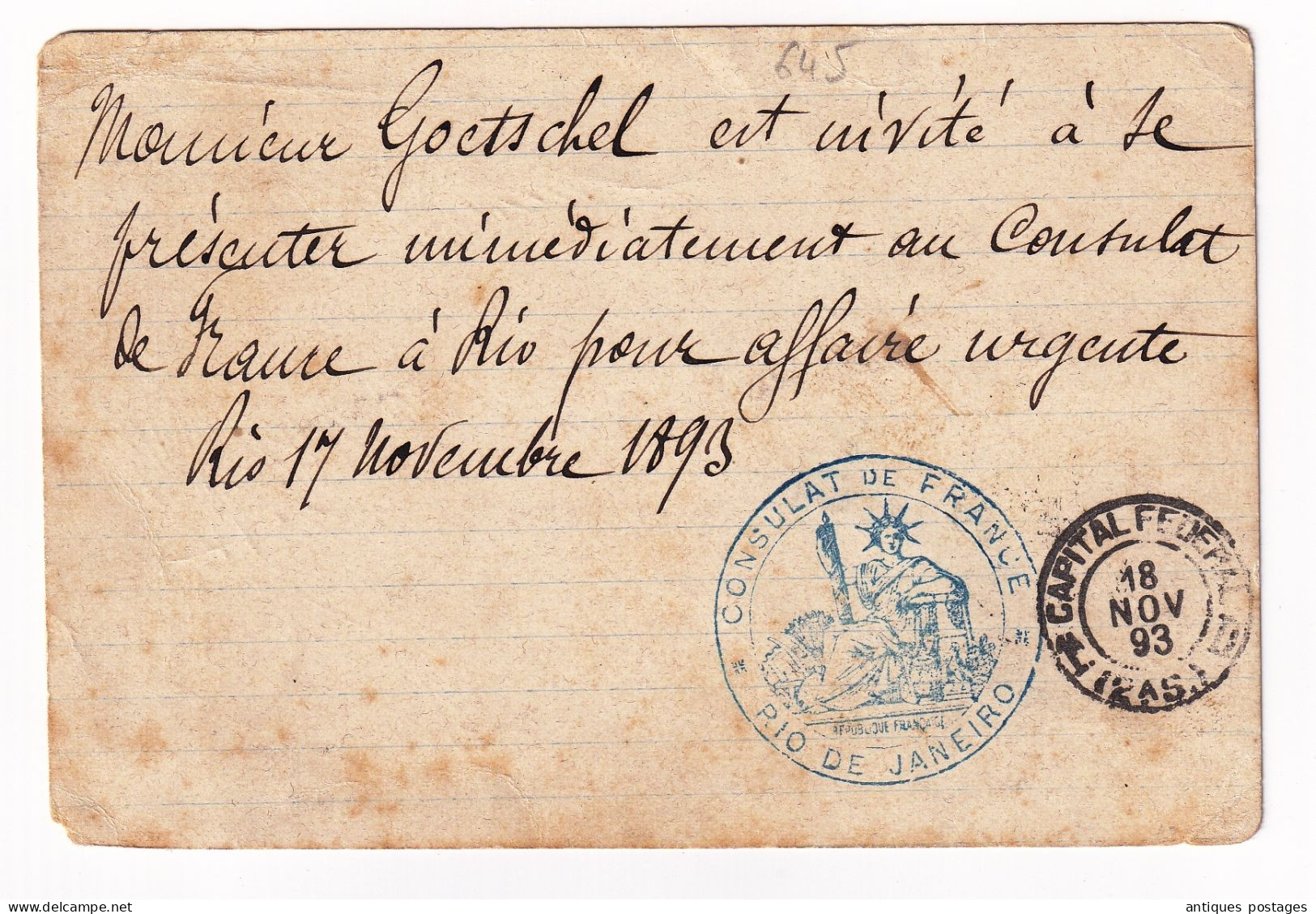 Bilhete Postal 1893 Rio De Janeiro Carte Postale Brésil Brazil Brasil Consulat De France Léon Goetschel - Cartas & Documentos