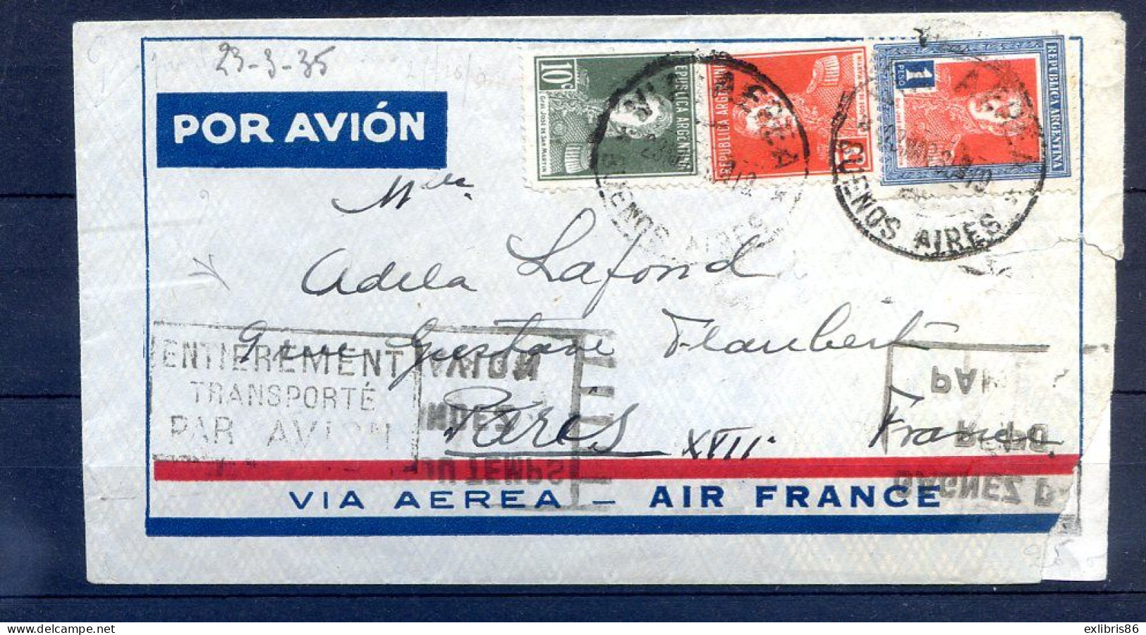 060524  COURRIER AIR FRANCE 1935   CACHET  ENTIEREMENT TRANSPORTE PAR AVION - 1927-1959 Storia Postale