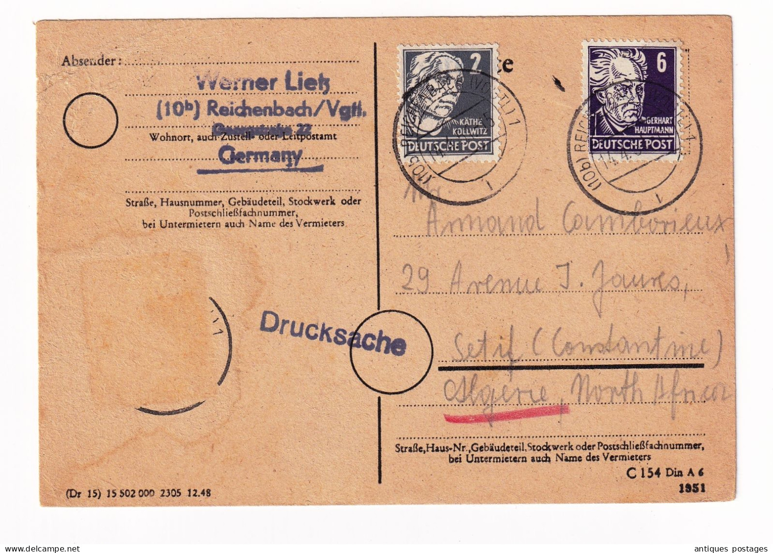DDR Deutschland 1951 Reichenbach Vogtland Sétif Algerie Kathe Kollwitz Gerhart Hauptmann Drucksache - Briefe U. Dokumente