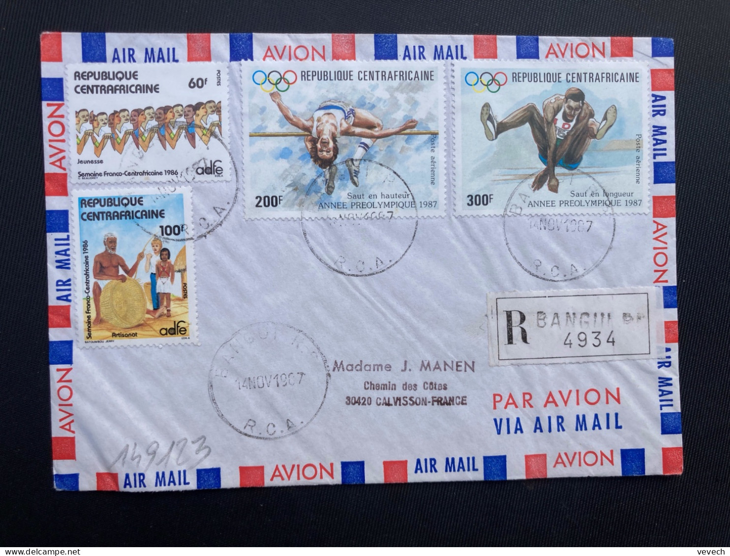 LR Par Avion Pour La FRANCE TP ANNEE PREOLYMPIQUE 300F + 200F + JEUNESSE 60F + ARTISANAT 100F OBL.14 NOV 1987 BANGUI RP - República Centroafricana